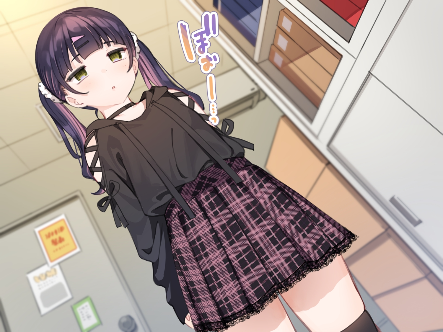 black_hair, bow, collar, green_eyes, hood, loli, long_hair, mankai_kaika
