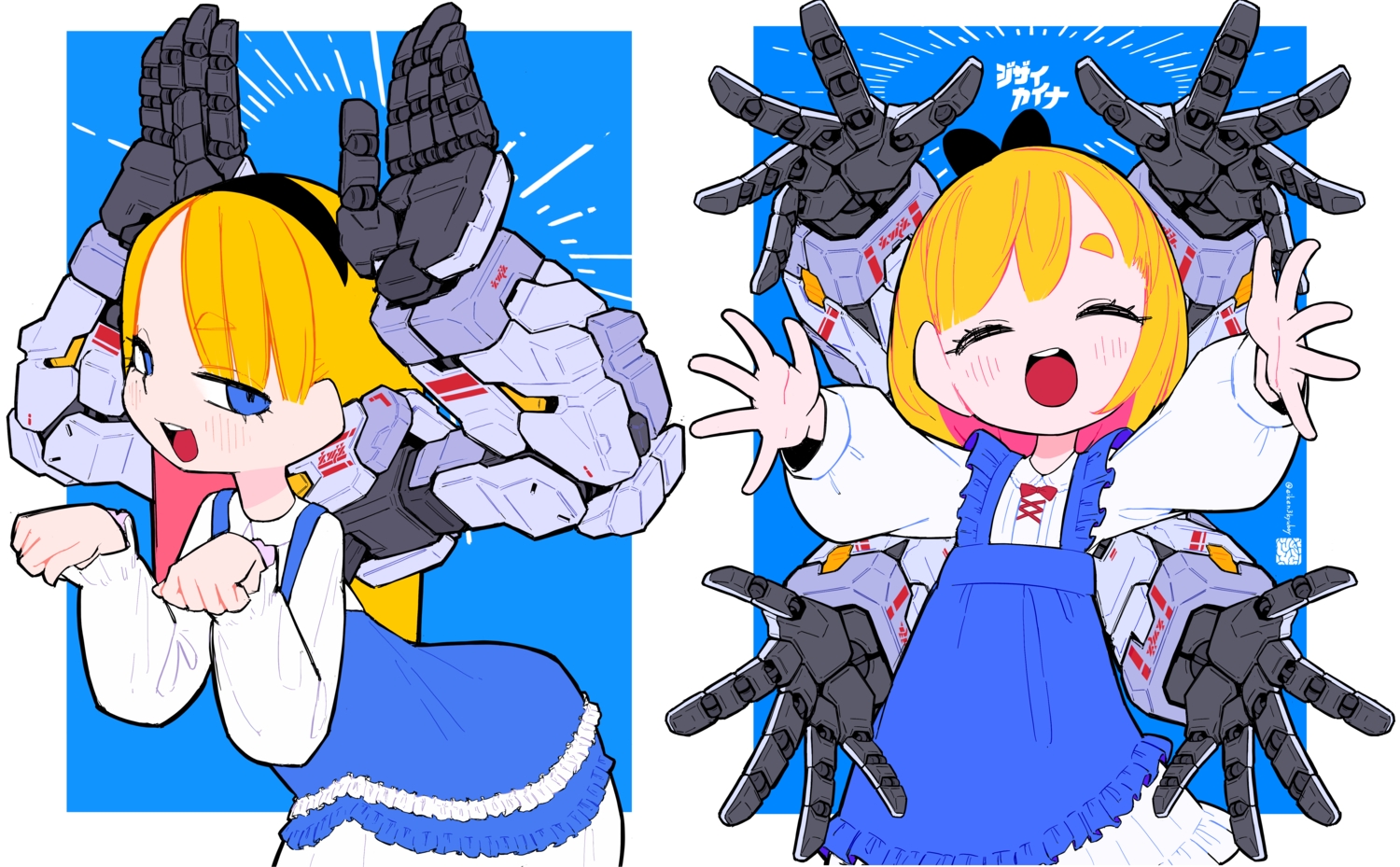 2girls, blonde_hair, blue_eyes, blush, bow, dress, headband, iwako_(eiken3kyuboy)