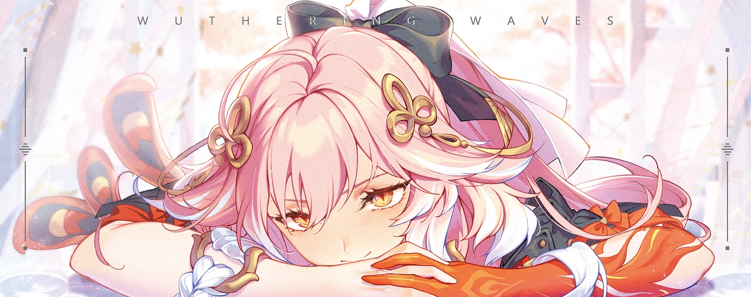 blush, bow, braids, changli_(wuthering_waves), close, long_hair, pink_hair, wuthering_waves, xxinainaxx, yellow_eyes