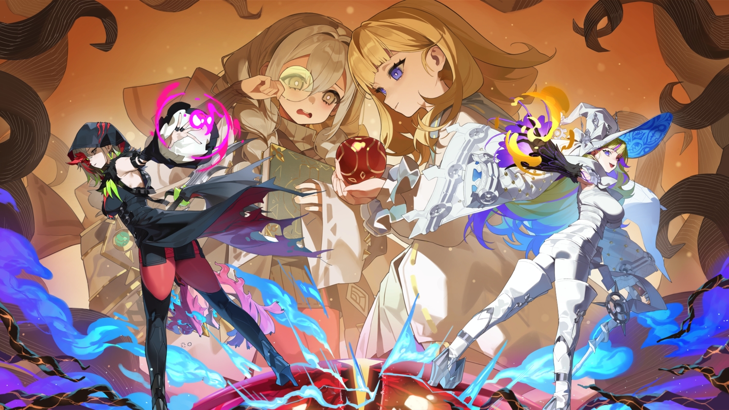 apple, ass, astellar_of_the_white_forest, bicolored_eyes, blonde_hair, blue_eyes, book, boots, bow, braids, breasts, brown_eyes, brown_hair, cape, diabellstar_the_black_witch, diabellze_the_original_sinkeeper, dress, elzette_of_the_white_forest, food, fruit, glasses, gloves, gray_hair, hat, hood, horns, long_hair, magic, pantyhose, red_cucumber, short_hair, skintight, thighhighs, torn_clothes, twintails, witch, witch_hat, yu-gi-oh