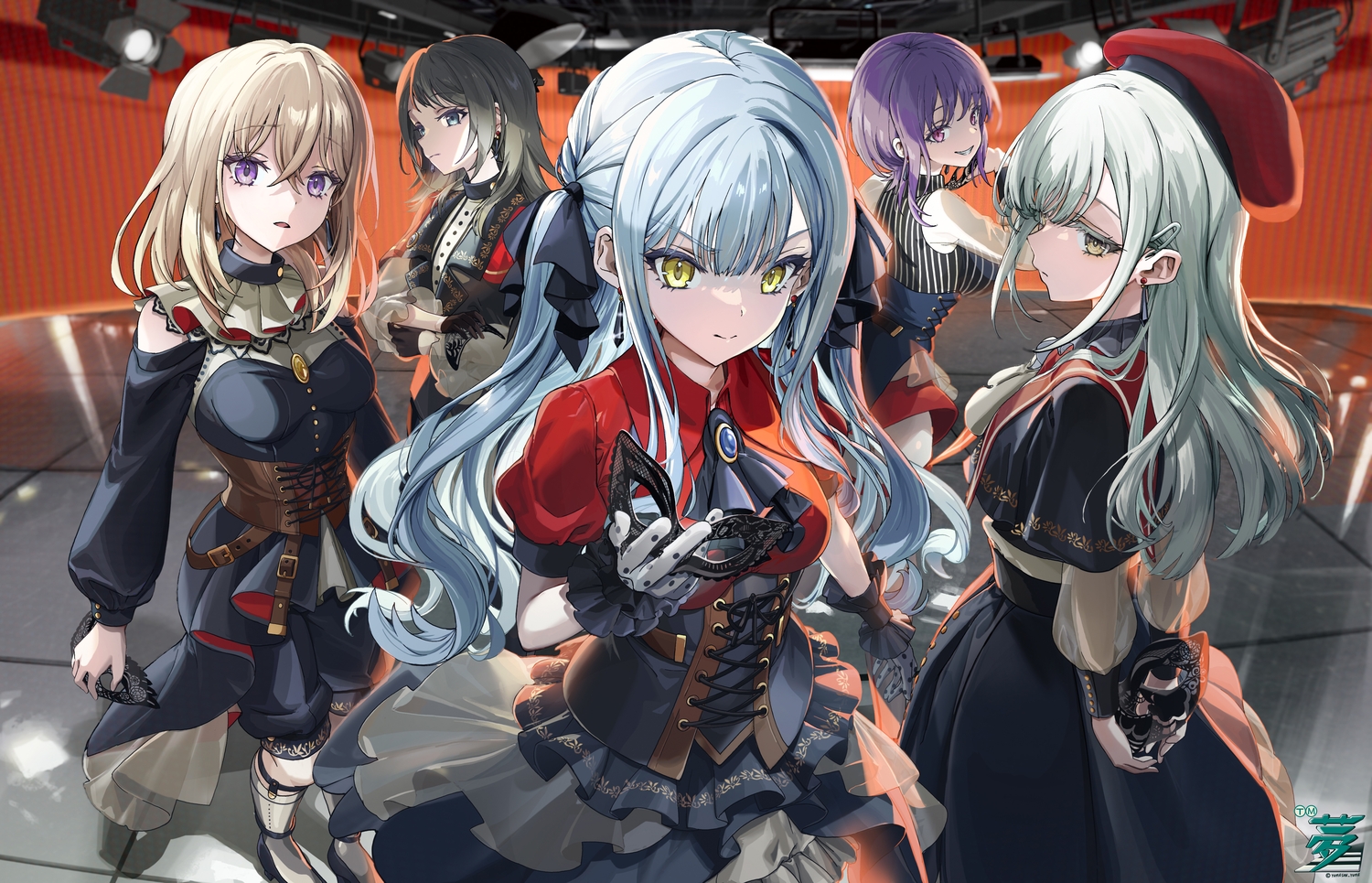 aliasing, aqua_eyes, bang_dream!, black_hair, blonde_hair, blue_hair, braids, brown_eyes
