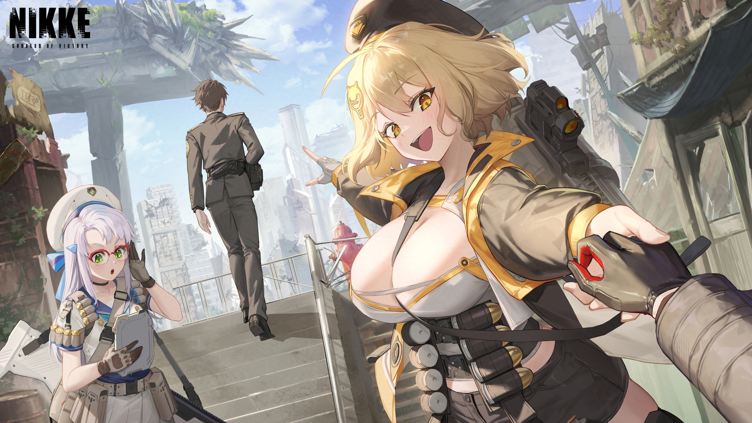 anis_(nikke), blonde_hair, blush, bow, breasts, brown_hair, building, choker