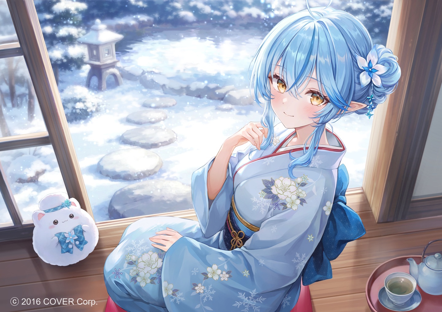 blue_hair, blush, bow, drink, higeneko, hololive, japanese_clothes, kimono