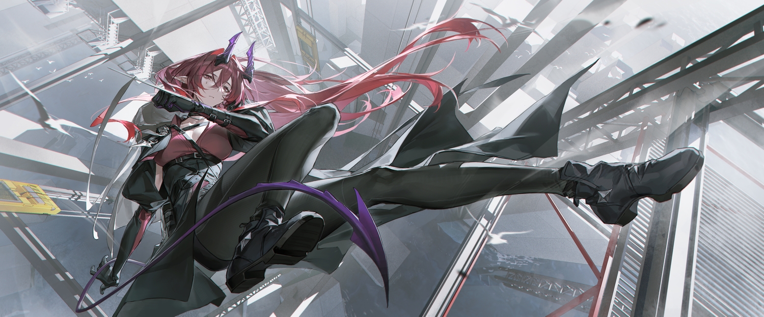 alov, arknights, ascalon_(arknights), boots, breasts, cleavage, elbow_gloves, gloves