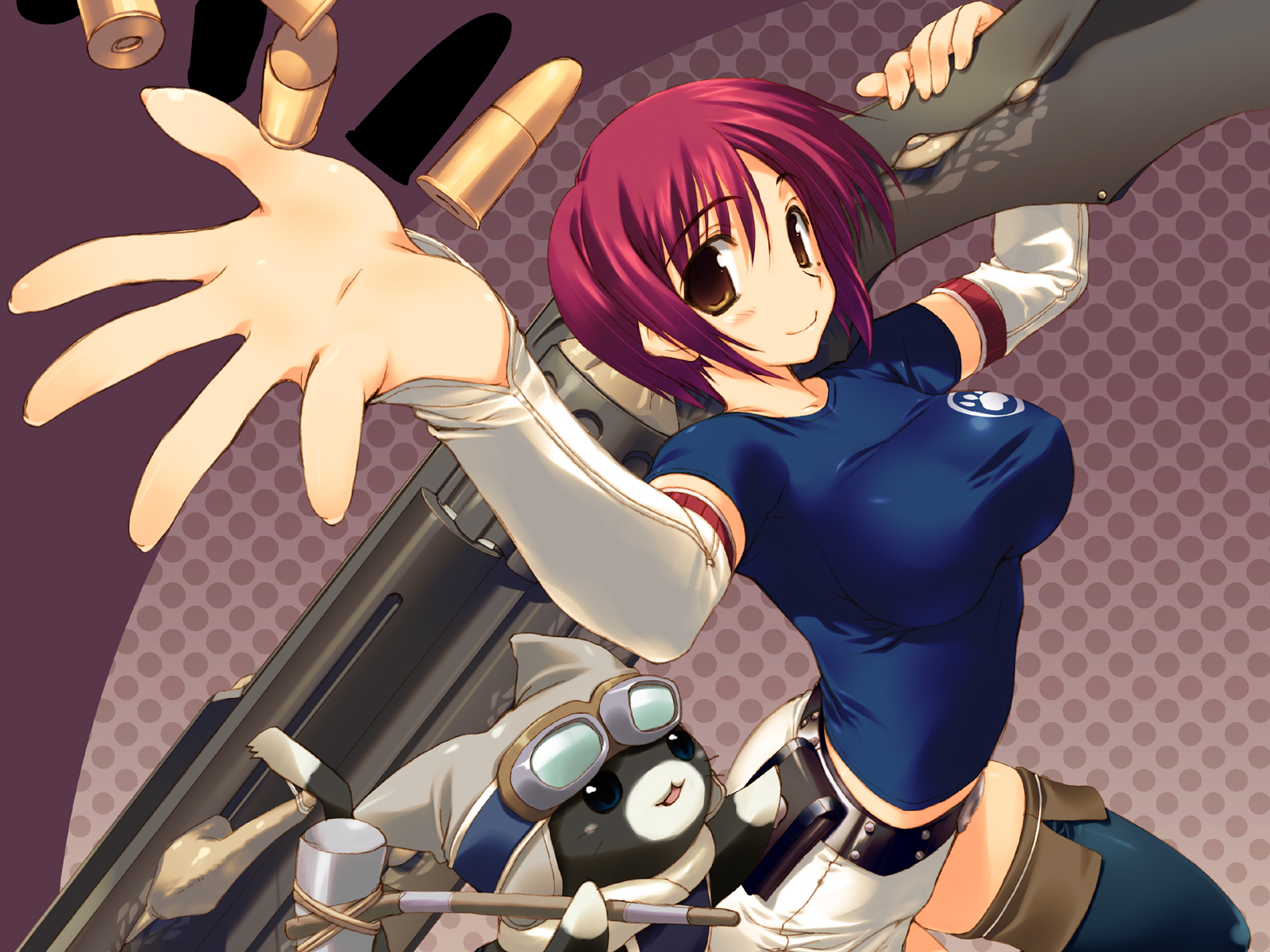amaduyu_tatsuki, animal, brown_eyes, cat, colorful_dot, gun, monster_hunter, red_hair, short_hair, skintight, skirt, thighhighs, weapon