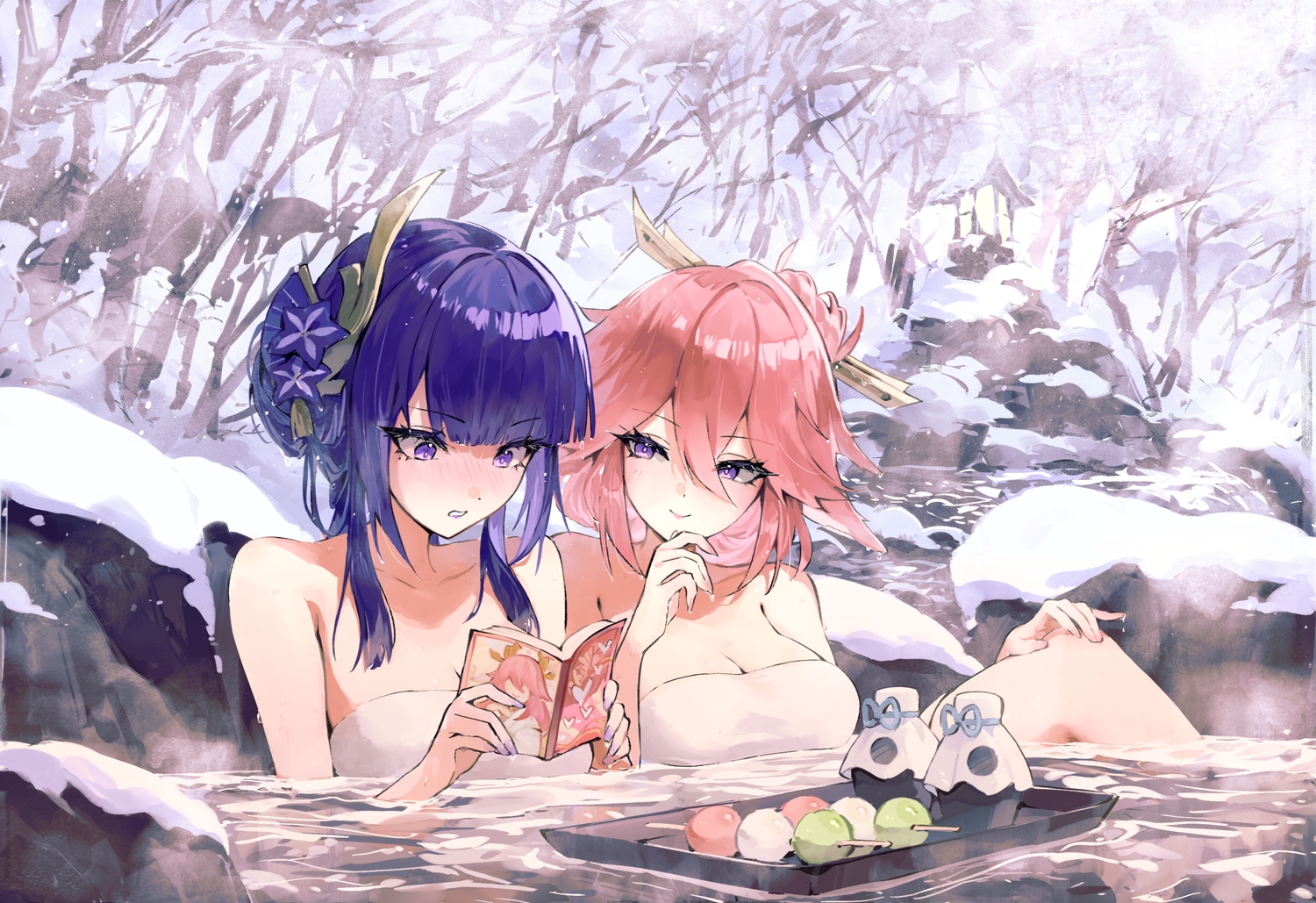 2girls, animal_ears, blush, book, breasts, cleavage, cropped, drink