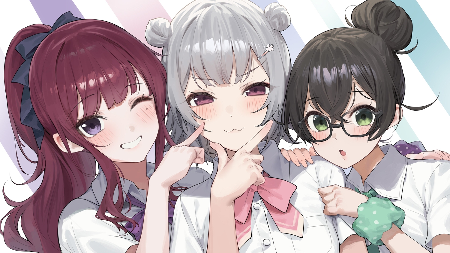 black_hair, blush, bow, cat_smile, cevio, close, glasses, gray_hair
