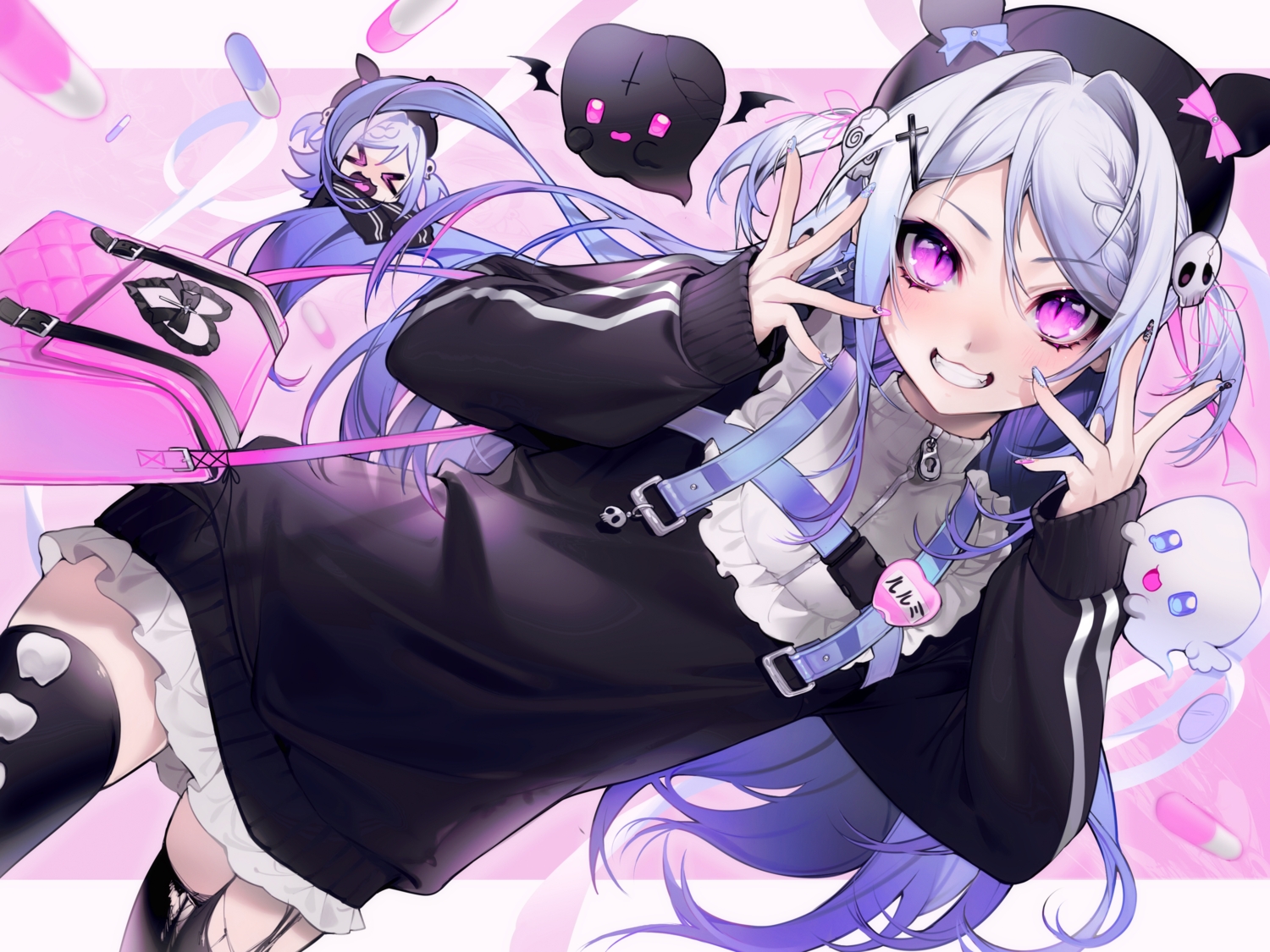 braids, cat_smile, chibi, dress, gray_hair, hat, heavenrend, long_hair, mazamuno, purple_eyes, thighhighs, torn_clothes, twintails, yumemi_rurumi