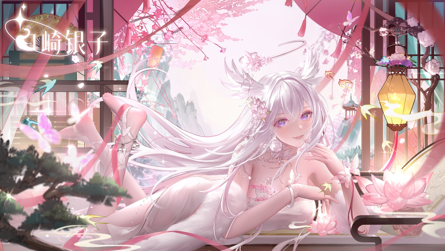 aliasing, blush, breasts, butterfly, cherry_blossoms, choker, cleavage, dress, flowers, halo, long_hair, original, pantyhose, purple_eyes, ribbons, tree, v-von, white_hair, wings, wristwear