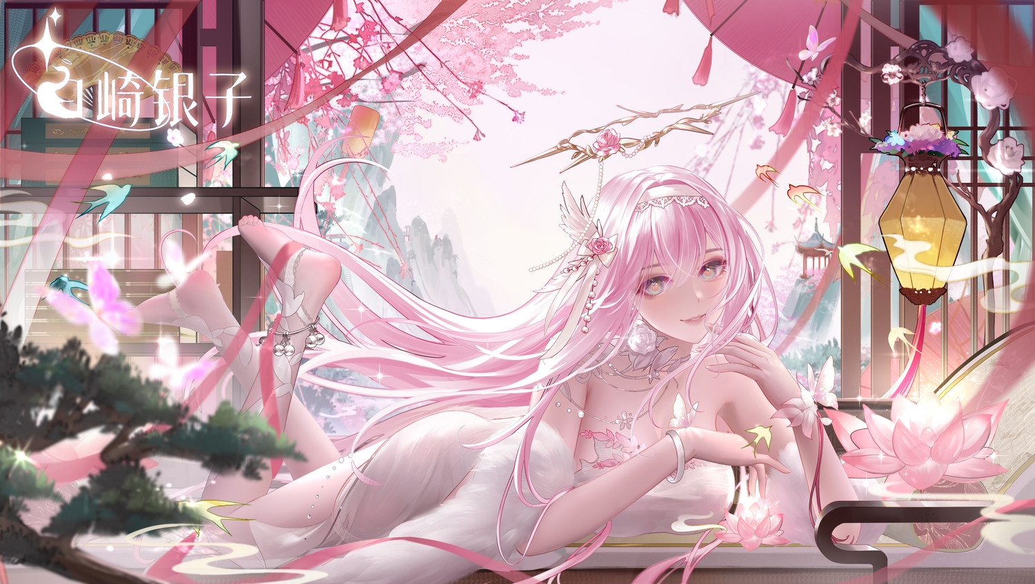 aliasing, blush, breasts, butterfly, cherry_blossoms, choker, cleavage, dress