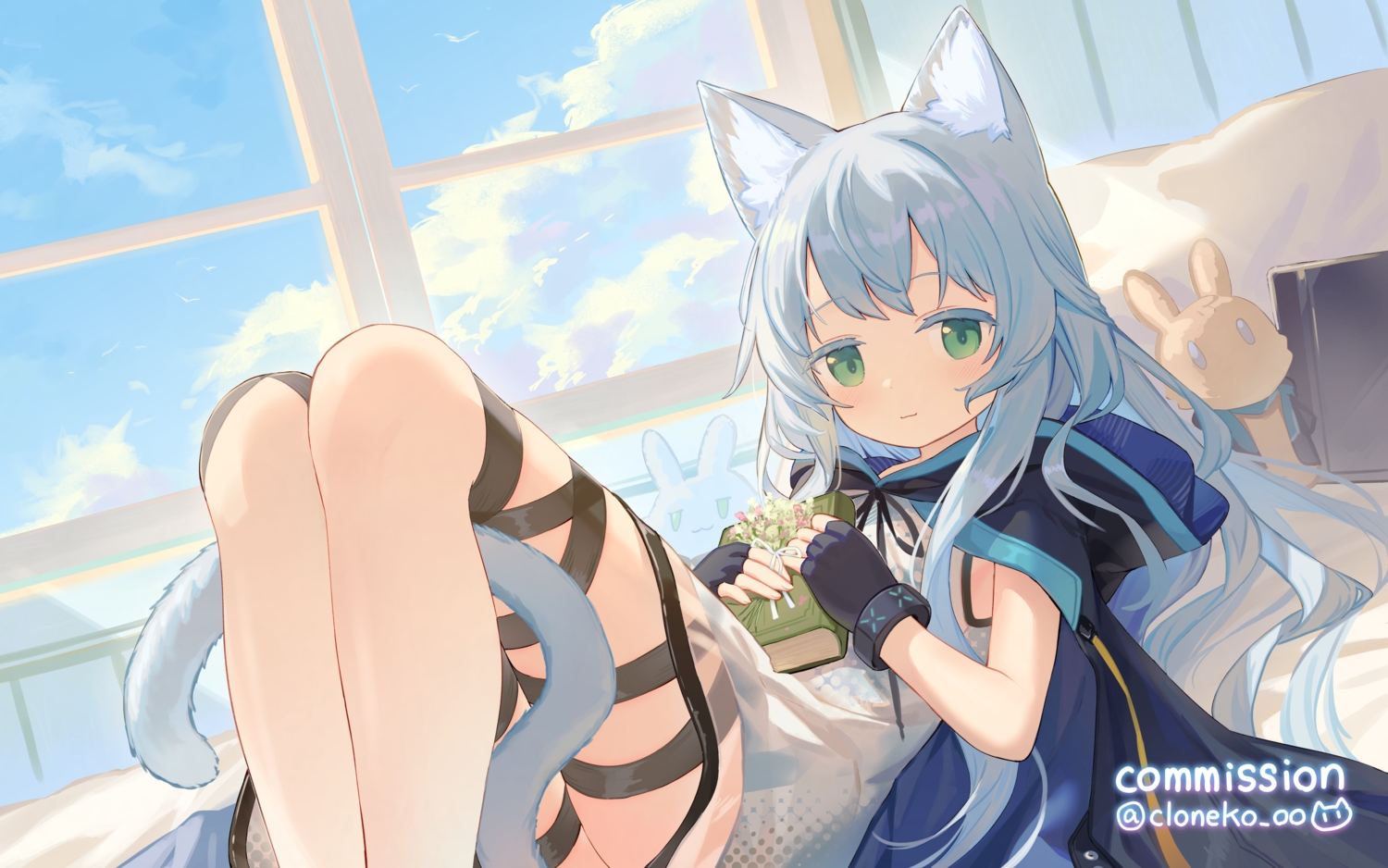 animal_ears, arknights, bed, blue_hair, blush, book, bunny, cape, catgirl, cloneko_(zelmeledf2), clouds, dress, flat_chest, flowers, garter, gloves, green_eyes, hood, loli, long_hair, rosmontis_(arknights), see_through, sky, tail