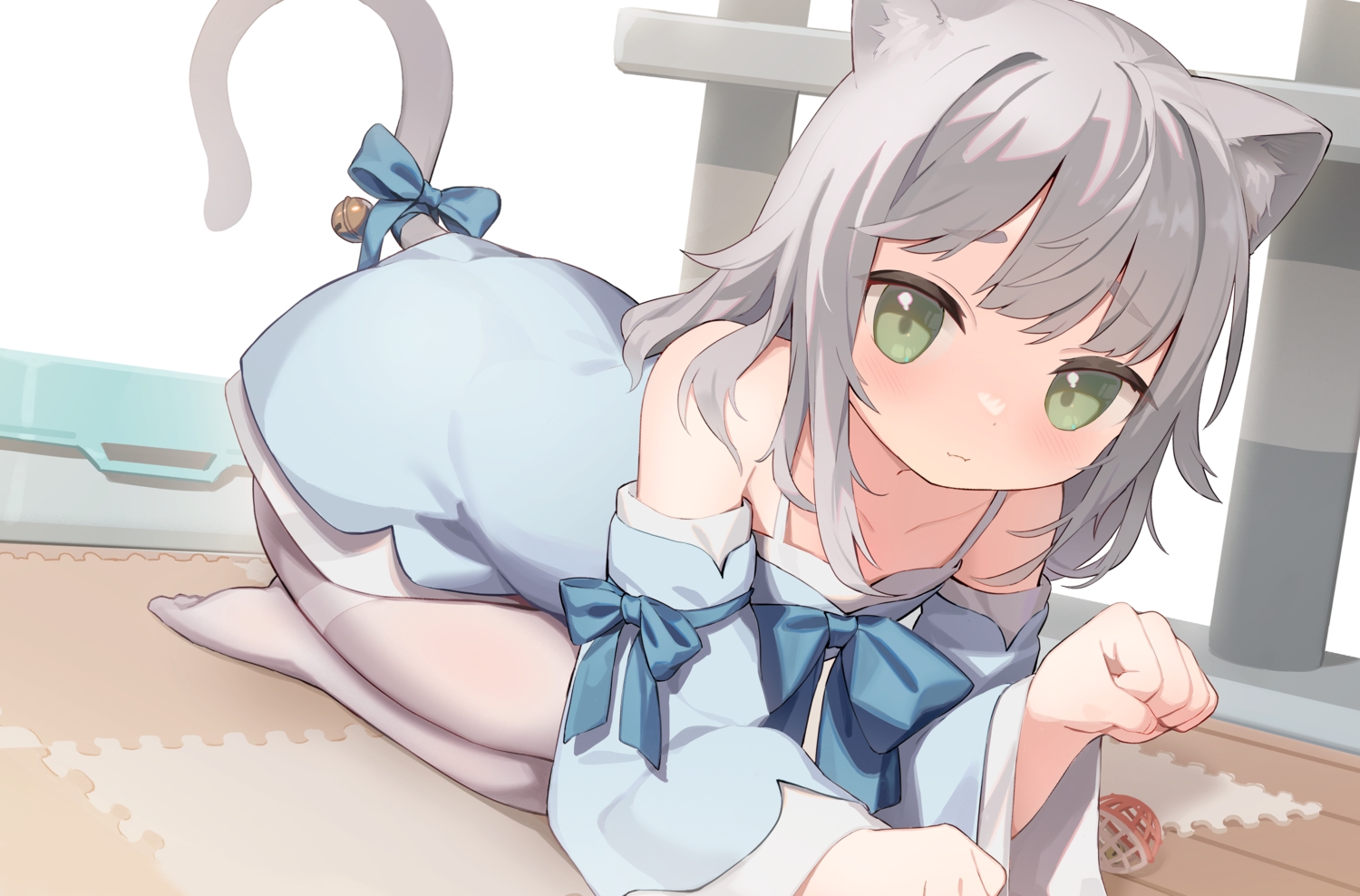 aliasing, animal_ears, bell, blush, bow, catgirl, cat_smile, cloneko_(zelmeledf2)