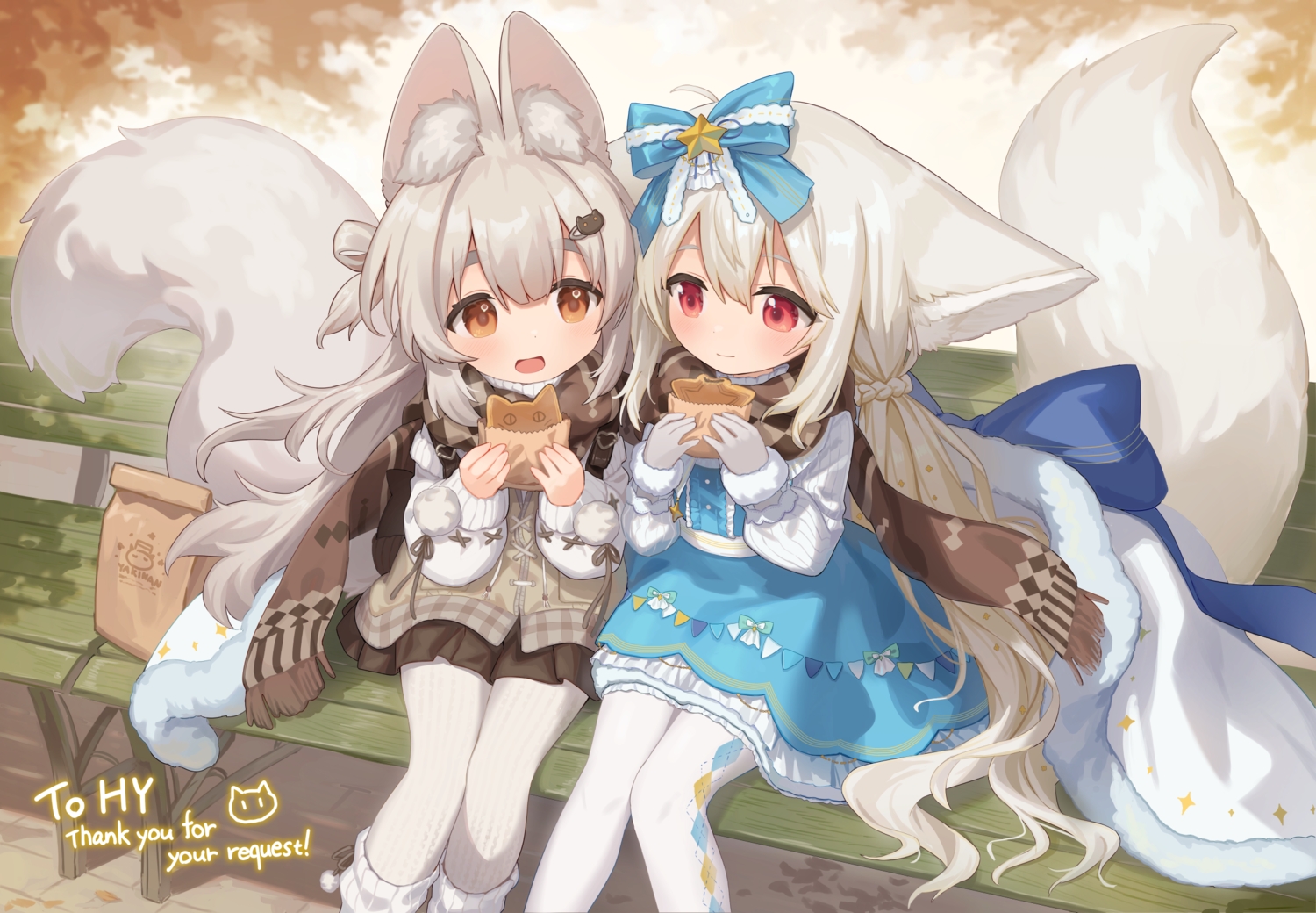 2girls, animal_ears, braids, brown_eyes, catgirl, cloneko_(zelmeledf2), dress, feifei_(shiofeifei), food, foxgirl, gray_hair, loli, long_hair, original, pantyhose, red_eyes, sakurada_shiro, scarf, tail, taiyaki, twintails