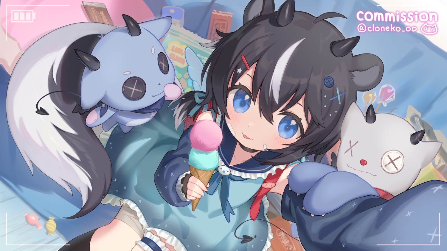 animal_ears, bandage, black_hair, blue_eyes, camera, candy, cloneko_(zelmeledf2), dress