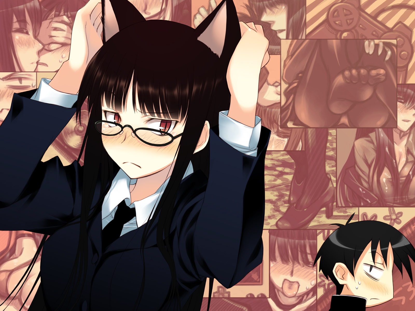animal_ears, blush, brown_eyes, brown_hair, catgirl, glasses, houkago_play, long_hair