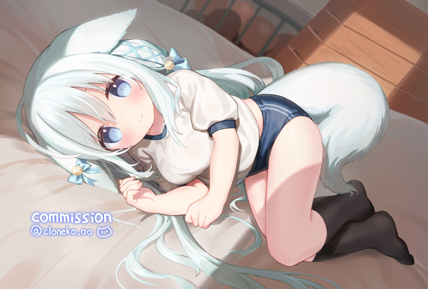 animal_ears, bloomers, blue_eyes, bow, cloneko_(zelmeledf2), gym_uniform, kneehighs, long_hair