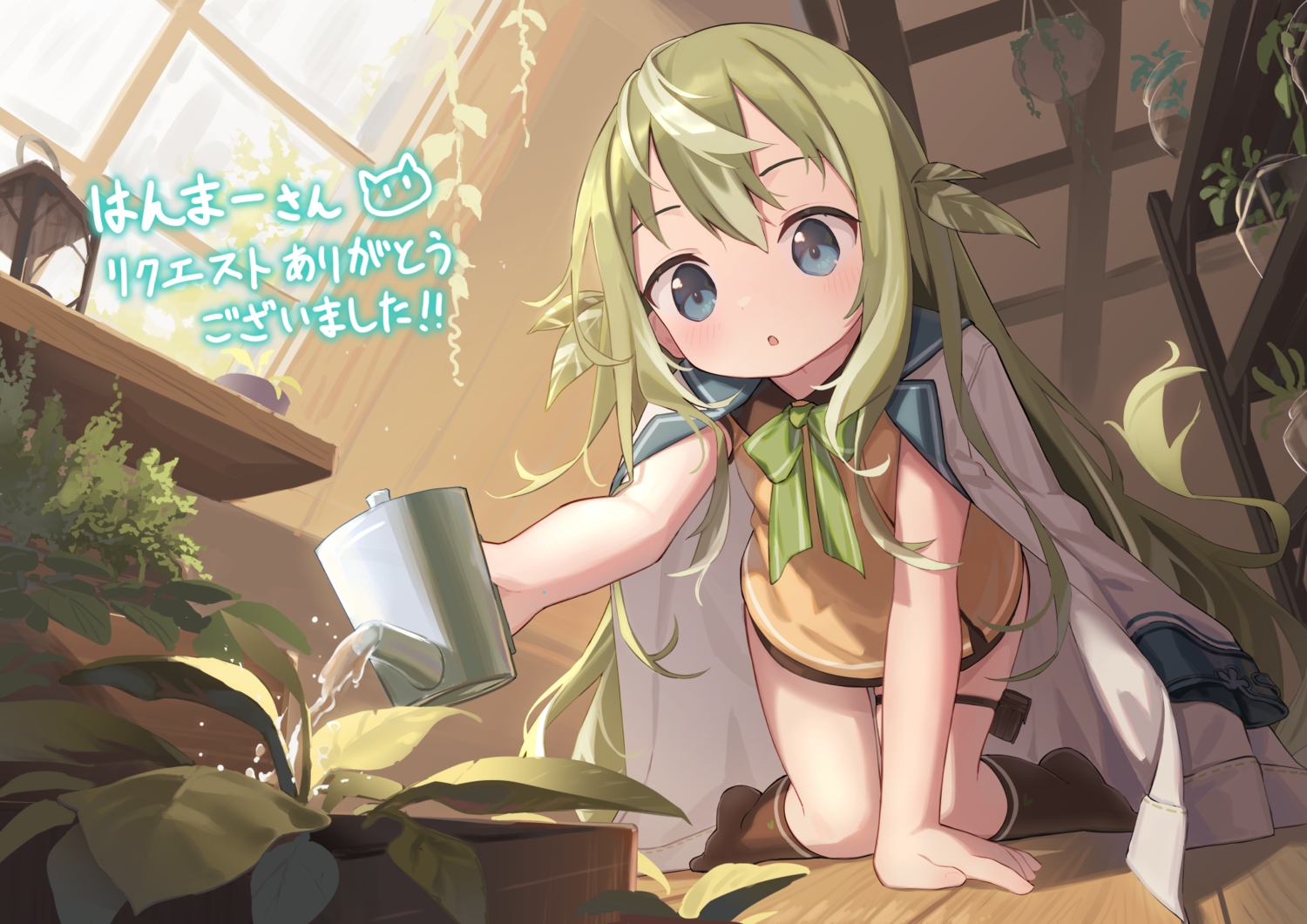 blue_eyes, blush, cape, cloneko_(zelmeledf2), garter, green_hair, kneehighs, leaves