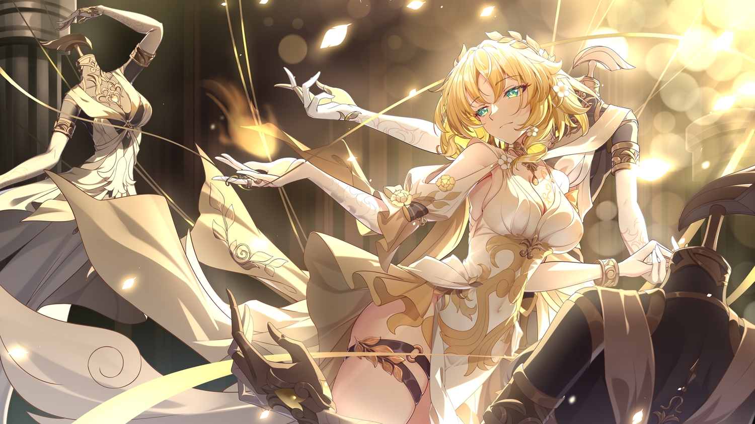 aglaea_(honkai:_star_rail), blonde_hair, blush, bow, breasts, choker, cleavage, dress