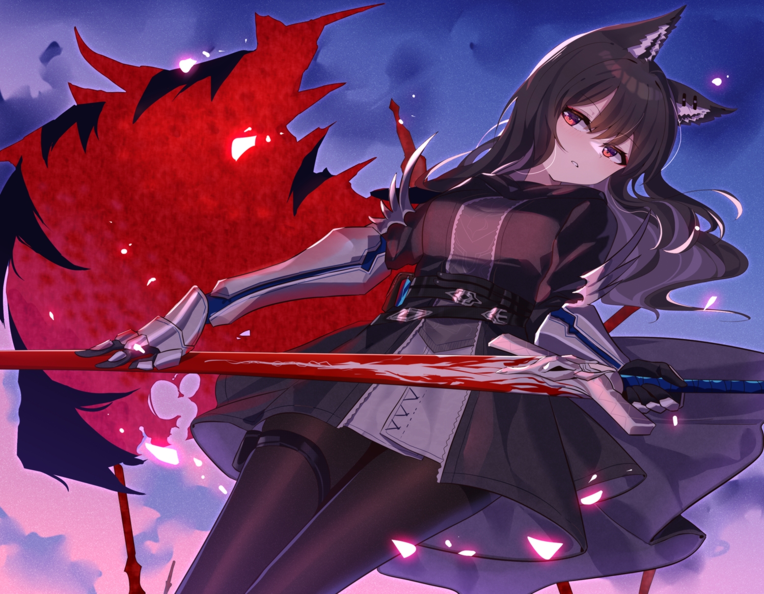 animal_ears, arknights, armor, black_hair, blush, cape, clouds, ddt_(darktrident)