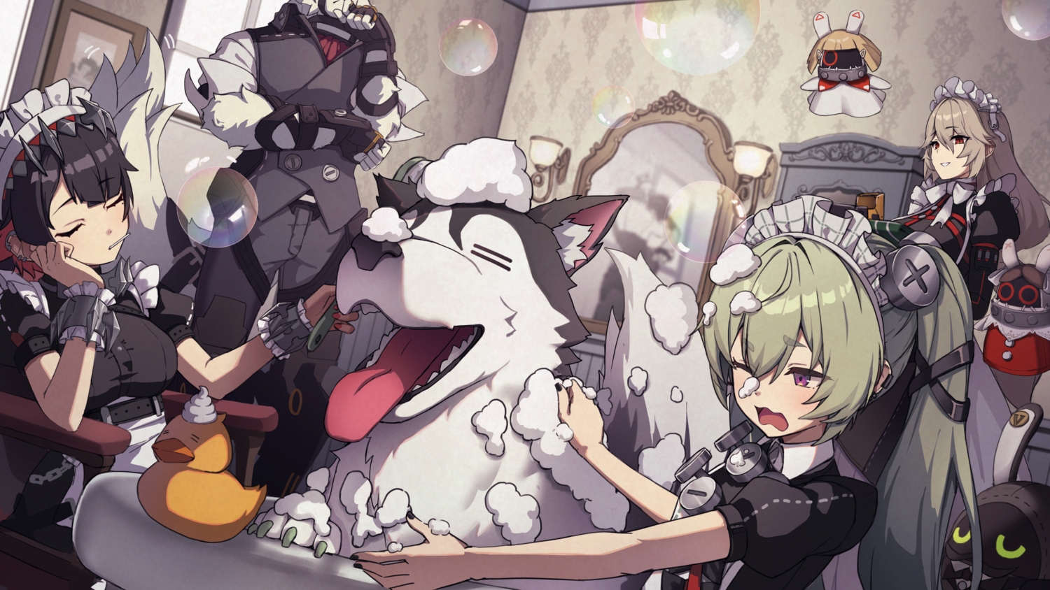 alexandrina_sebastiane, animal, apron, bath, bathtub, black_hair, brown_hair, bubbles