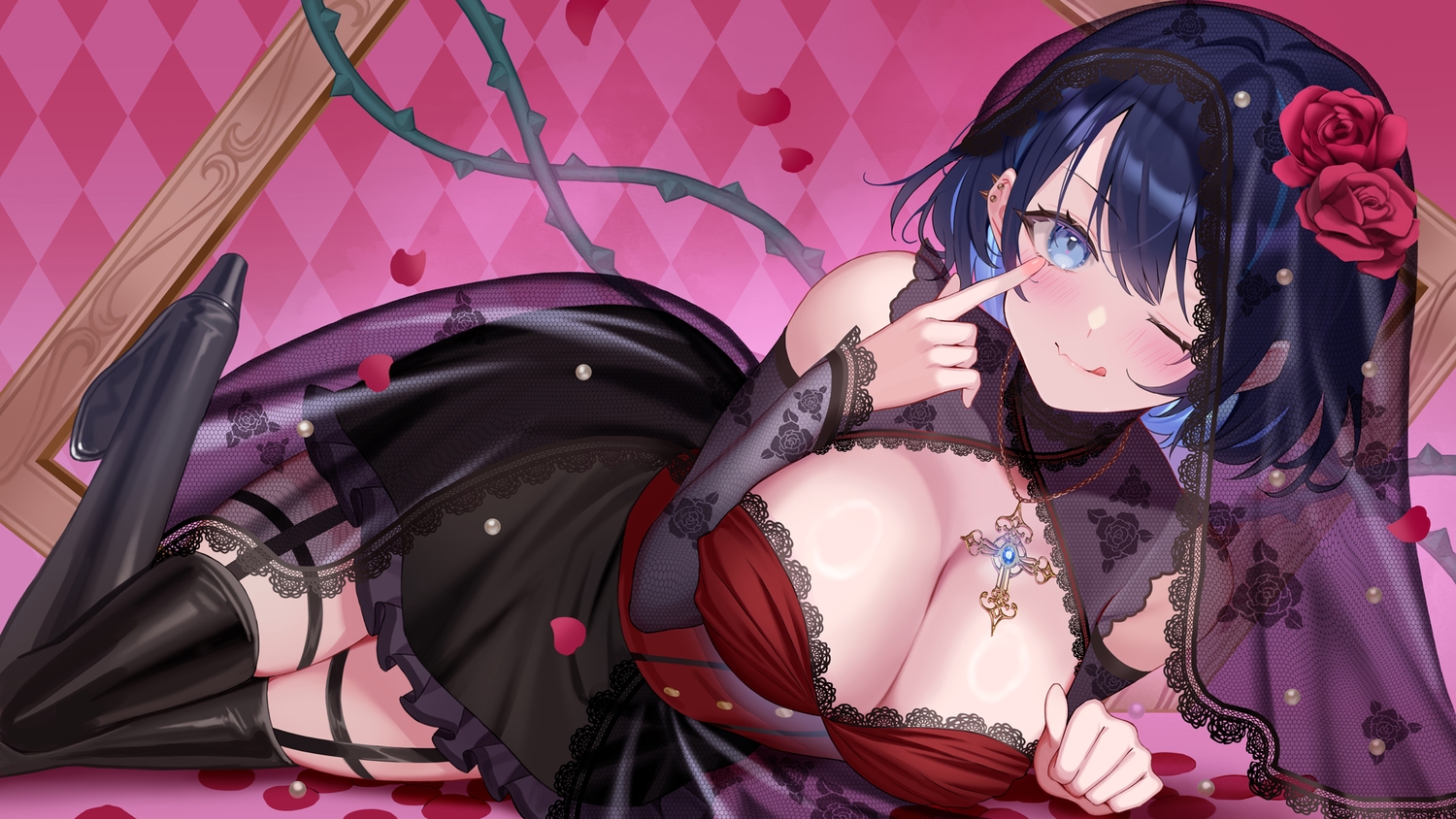 amahara_subaru, blue_eyes, blue_hair, blush, boots, breasts, cleavage, cross