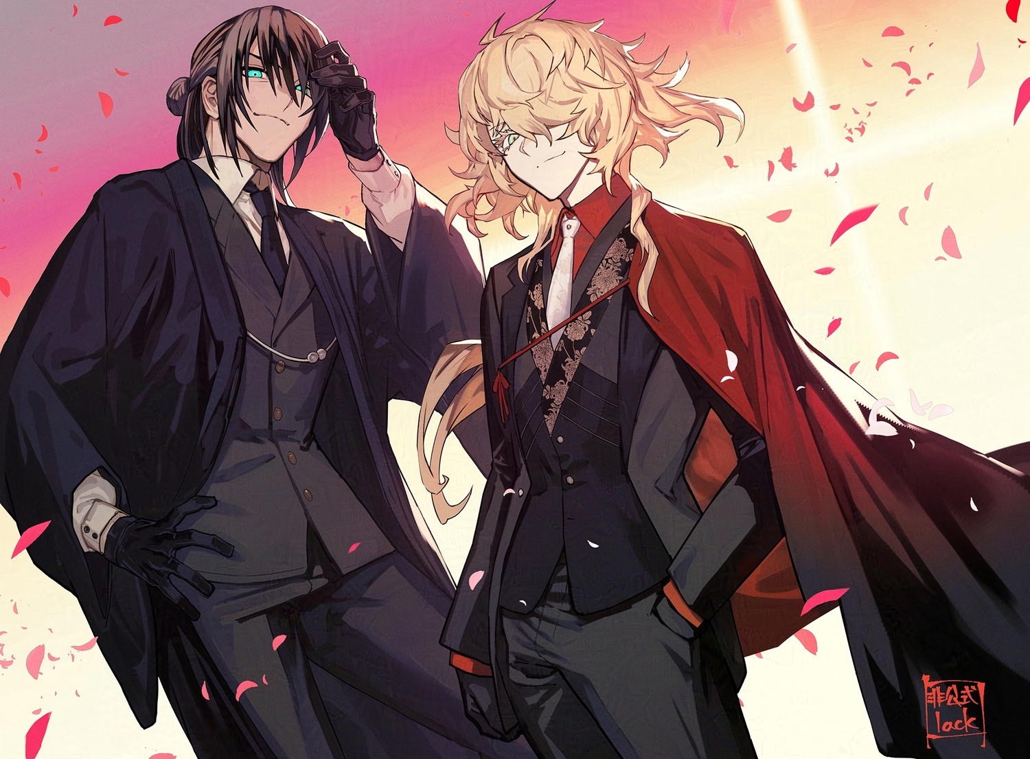 all_male, anthropomorphism, aqua_eyes, black_hair, blonde_hair, cape, gloves, gradient, green_eyes, ichimonj_norimune, lack, long_hair, magoroku_kanemoto, male, petals, short_hair, signed, suit, tie, touken_ranbu