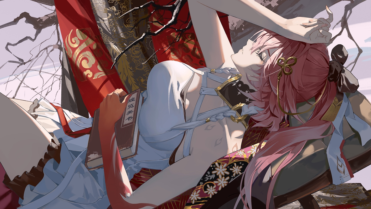 book, bow, braids, breasts, changli_(wuthering_waves), cleavage, dress, long_hair, pink_hair, ponytail, ruoruoqiuu, shade, tattoo, tree, wuthering_waves
