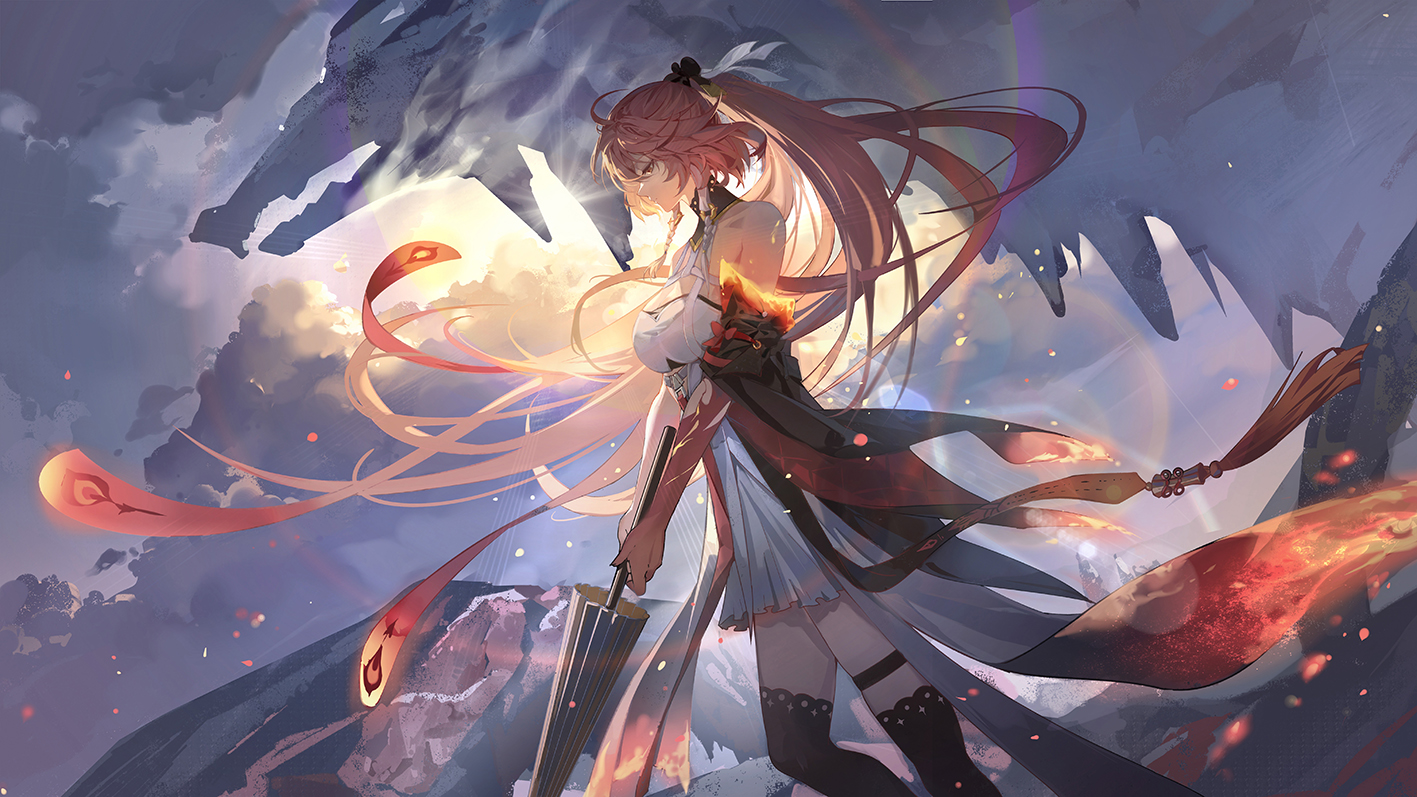 braids, breasts, changli_(wuthering_waves), cleavage, clouds, dress, fire, garter, long_hair, pink_eyes, pink_hair, ponytail, ruoruoqiuu, sky, thighhighs, umbrella, wuthering_waves