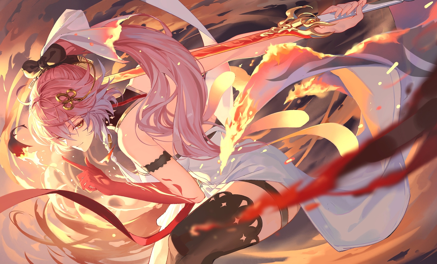 bow, braids, changli_(wuthering_waves), dress, fire, garter, long_hair, magic