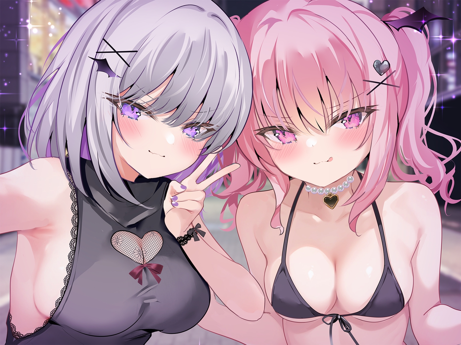 2girls, bikini_top, breasts, cat_smile, choker, cleavage, close, gray_hair