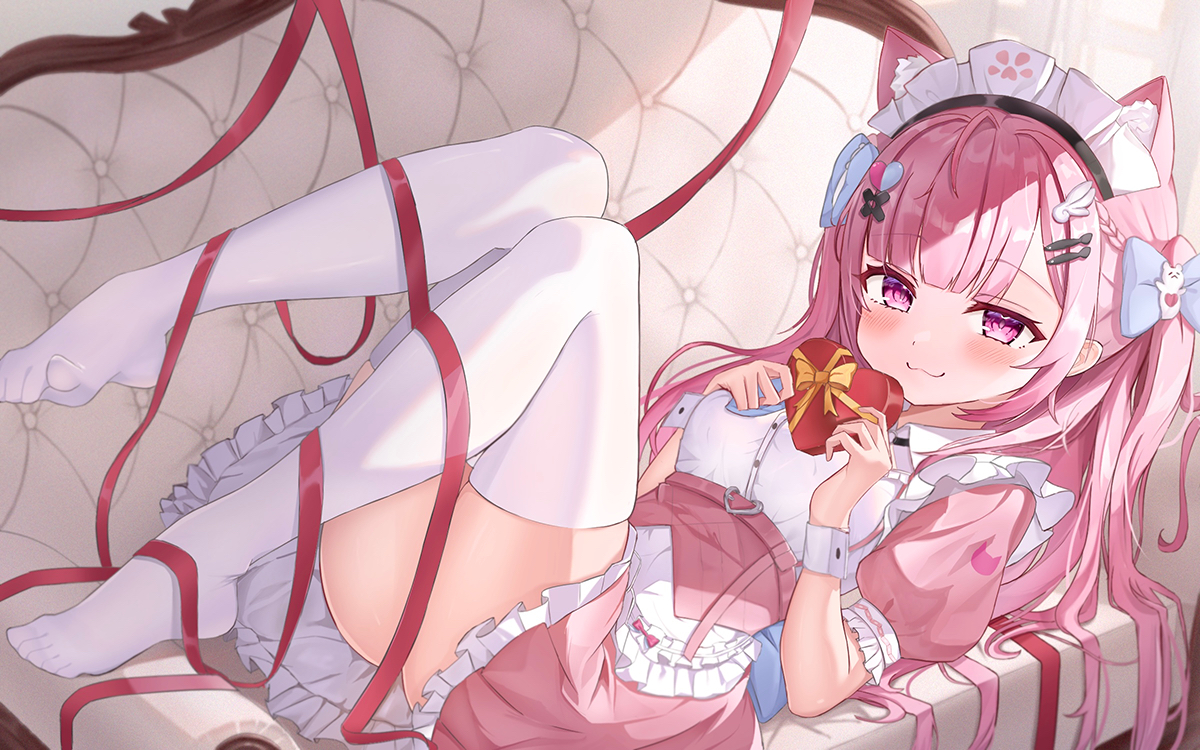 animal_ears, apron, braids, catgirl, cat_smile, couch, dress, headdress