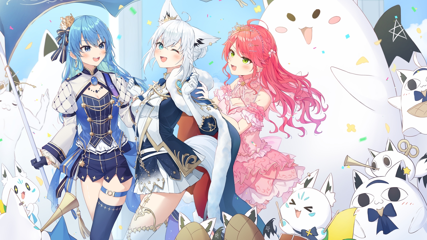 aliasing, animal_ears, aqua_eyes, blue_eyes, blue_hair, blush, bow, braids