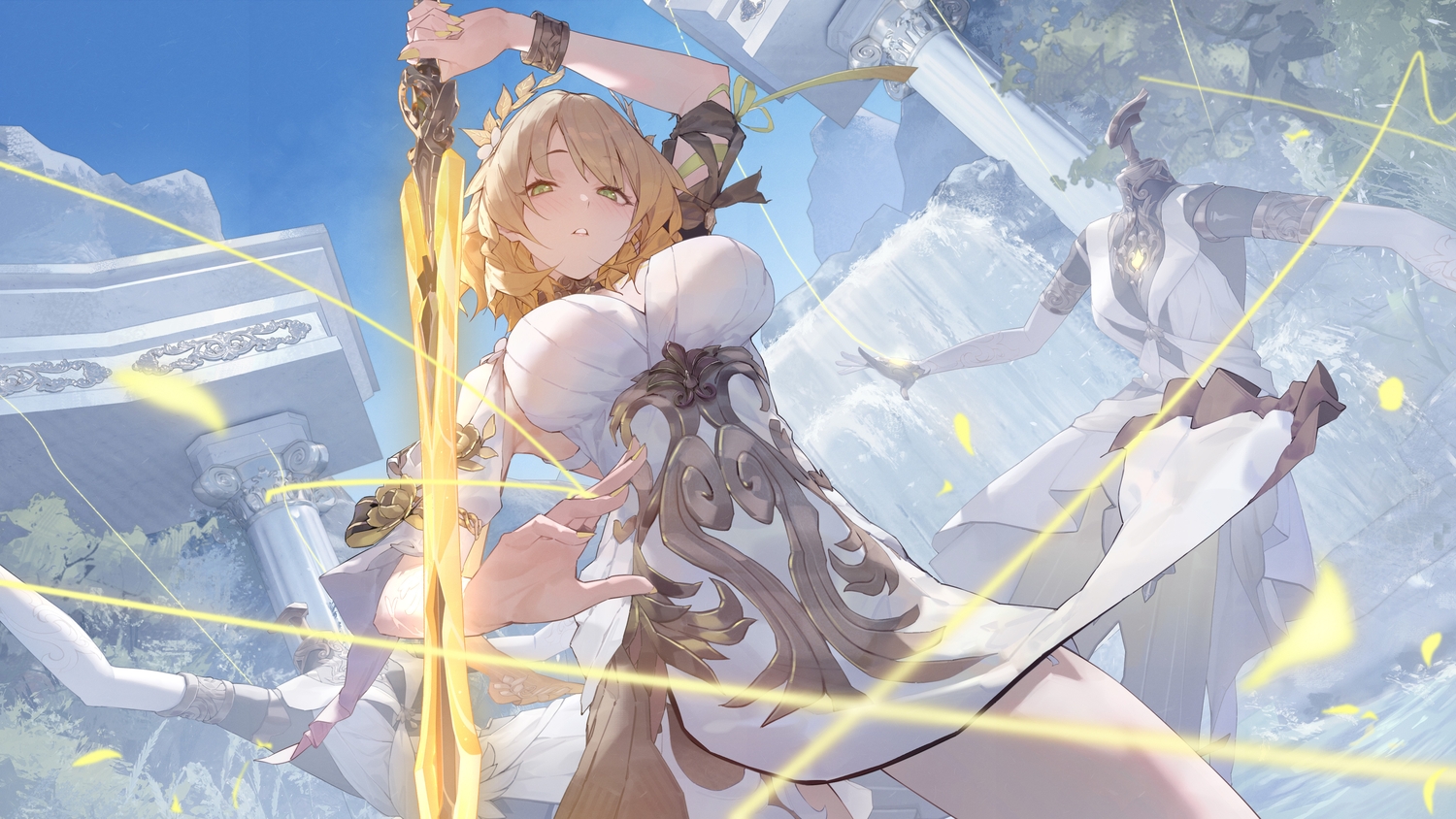3d, aglaea_(honkai:_star_rail), blonde_hair, blush, choker, dress, green_eyes, headdress, honkai_(series), honkai:_star_rail, magic, mile_miluo, ruins, short_hair, sky, sword, tree, water, waterfall, weapon, wristwear