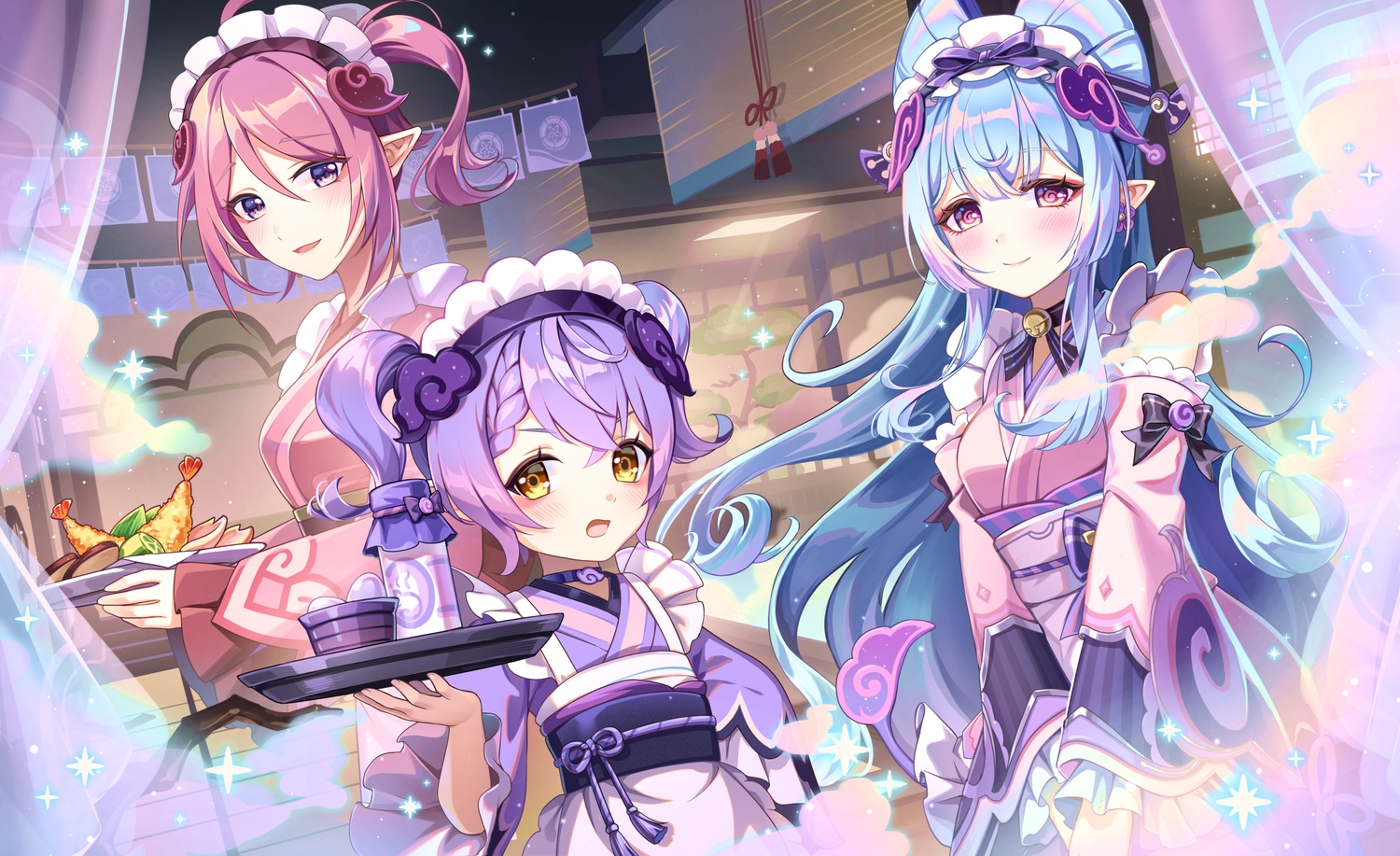 apron, bell, blue_hair, blush, braids, choker, drink, flat_chest, food, genshin_impact, headdress, hyakujitsuhaku_shion, japanese_clothes, karen_(navy_42), kimono, loli, lolita_fashion, long_hair, pink_hair, pointed_ears, ponytail, purple_eyes, purple_hair, shiba_murasaki, short_hair, tail, twintails, yellow_eyes, yumemizuki_mizuki