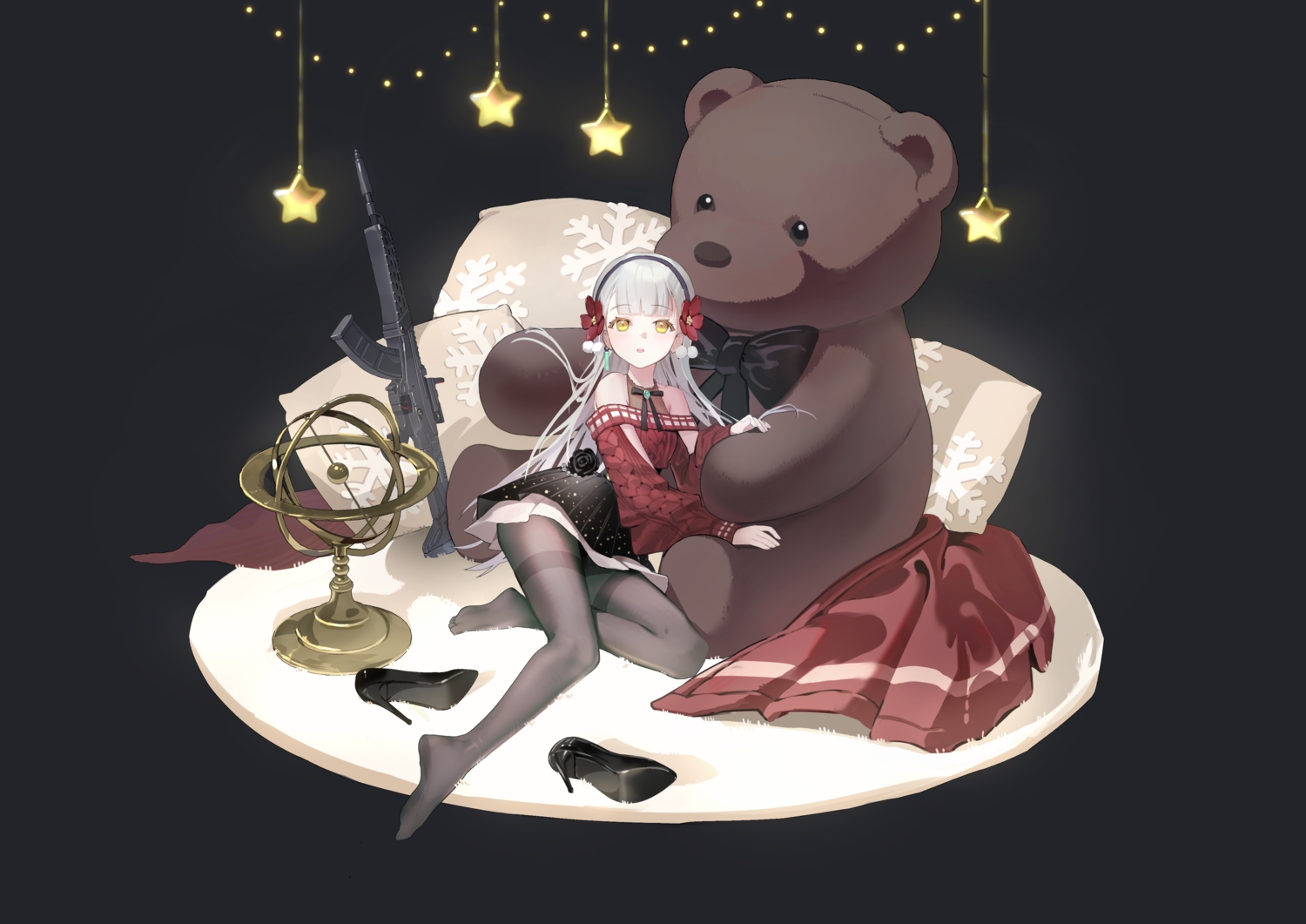 ak-alfa_(girls_frontline), black, bow, girls_frontline, girls_frontline_2, gray_hair, gun, headband