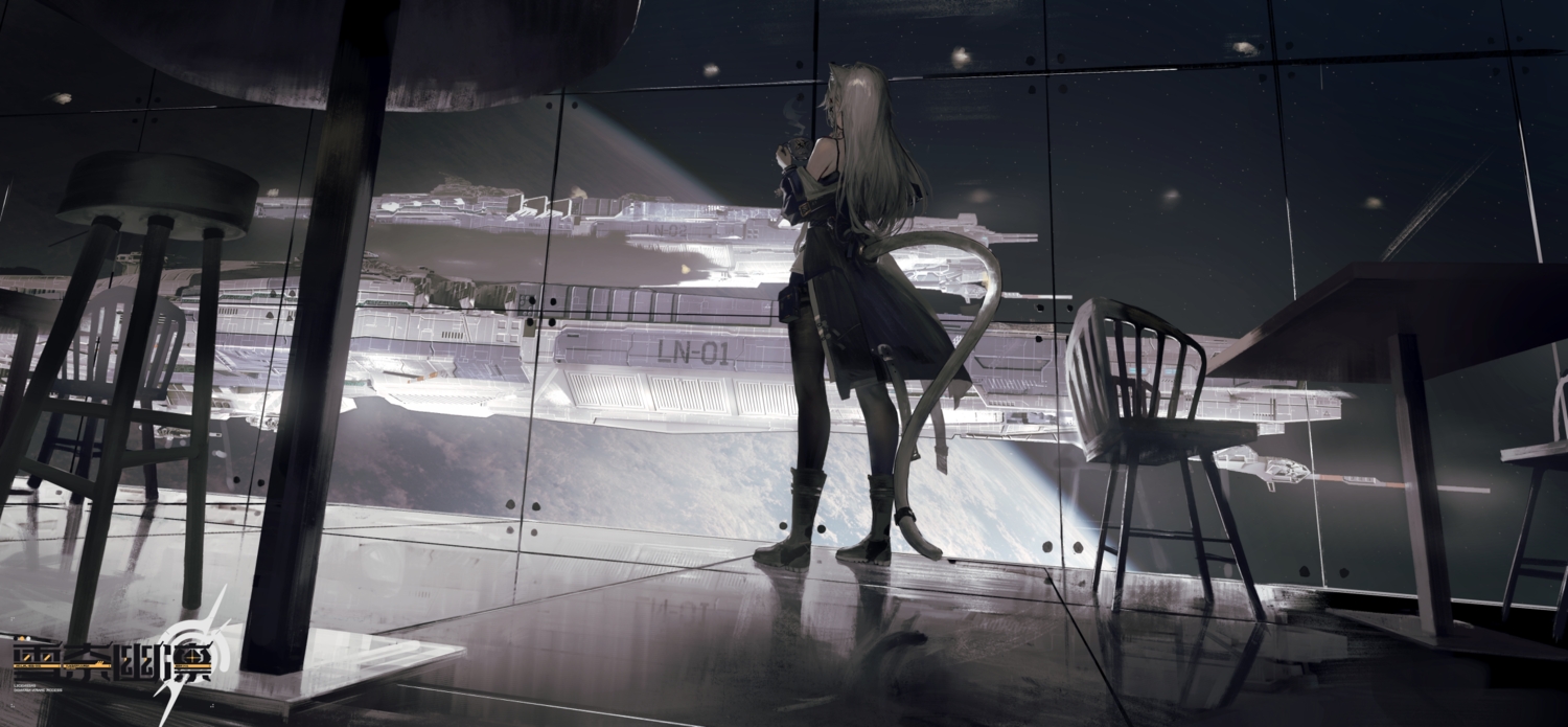 airship, animal_ears, boots, dark, drink, earth, garter, gray_hair, lemtun, long_hair, original, pantyhose, planet, reflection, space, tail