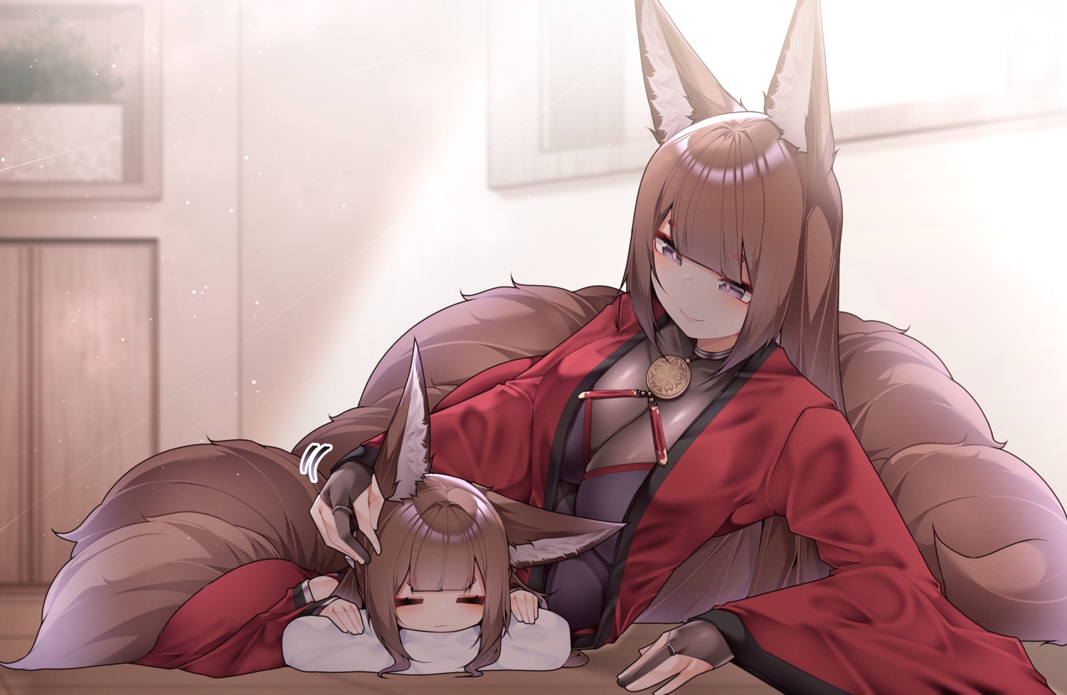 2girls, amagi_(azur_lane), amagi-chan_(azur_lane), animal_ears, anthropomorphism, azur_lane, blush, breasts