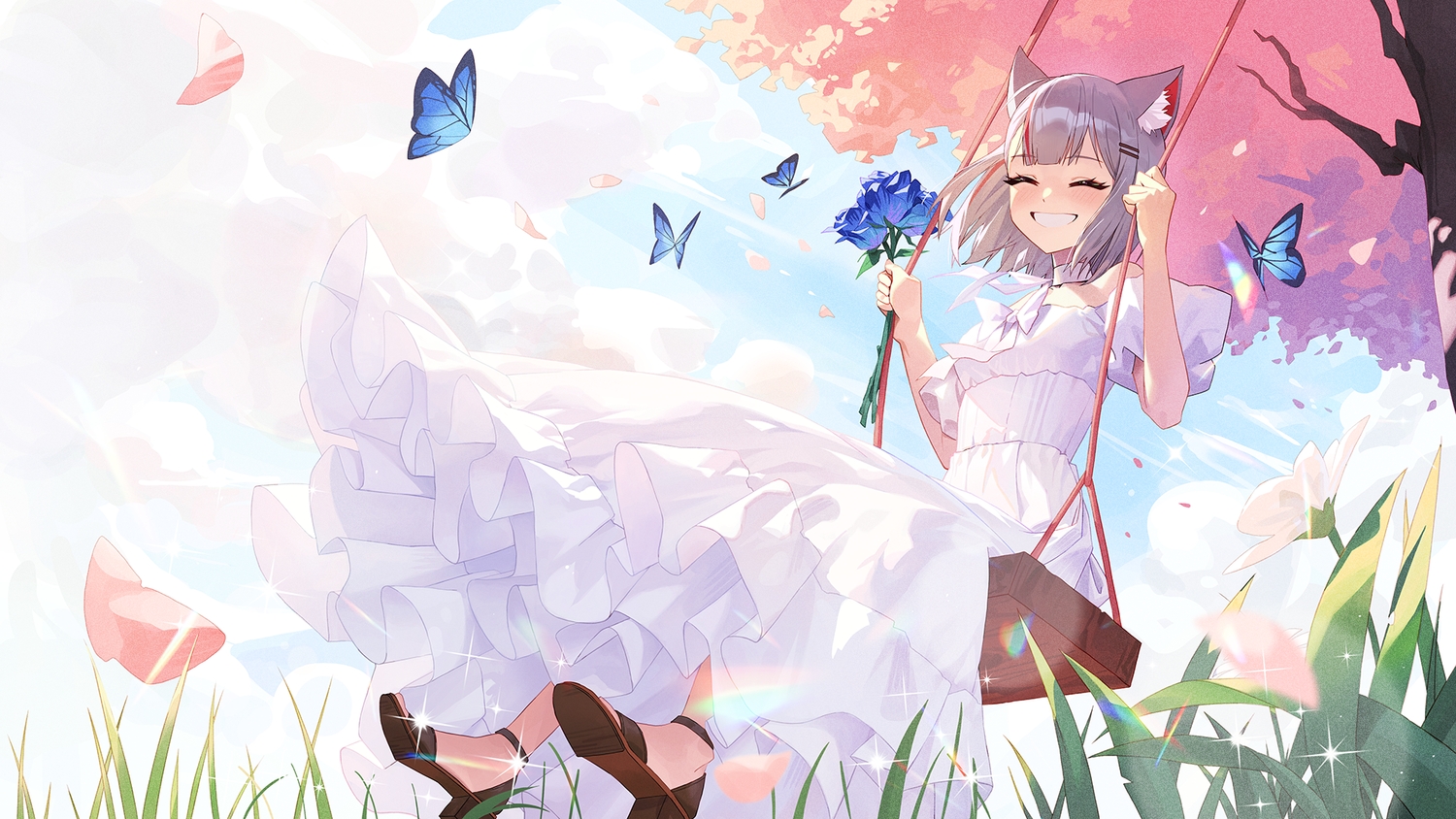 animal_ears, blush, bow, butterfly, catgirl, choker, clouds, flowers, grass, gray_hair, neneko_mashiro, petals, short_hair, sky, spring, stellive, tree, yoba