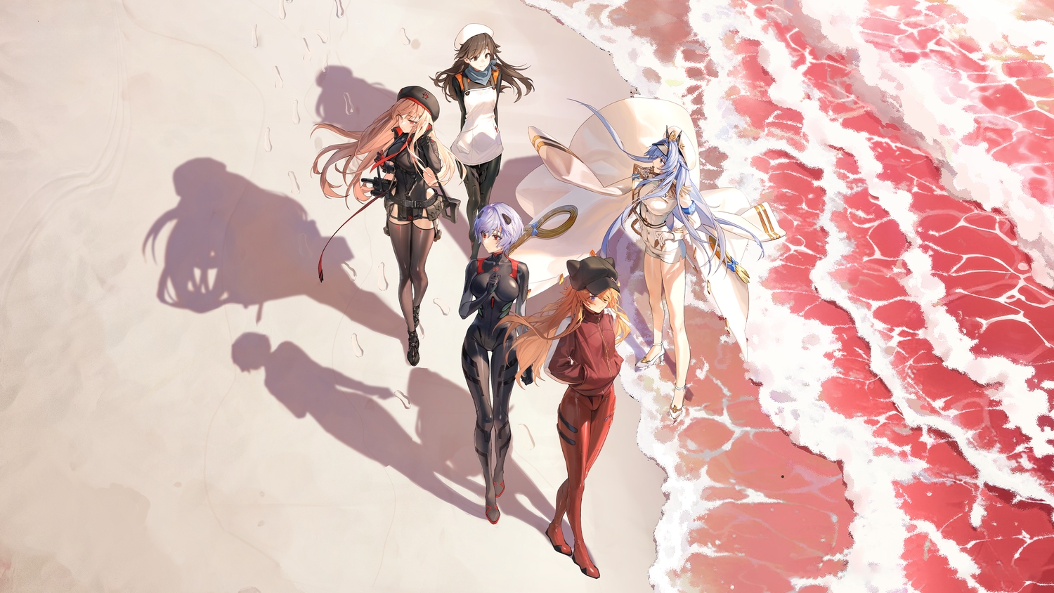 animal_ears, ayanami_rei, beach, blonde_hair, blue_eyes, blue_hair, bodysuit, brown_eyes