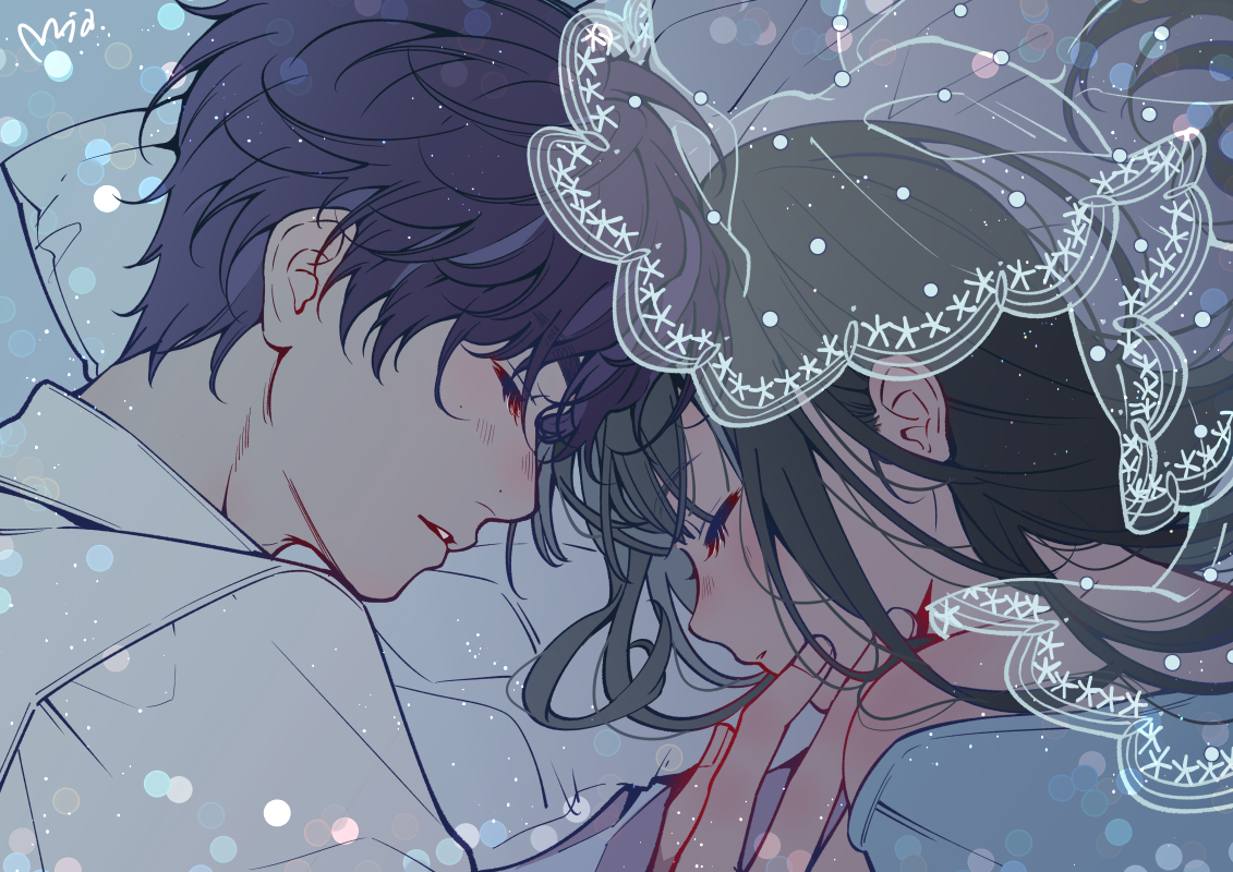 bed, black_hair, blush, close, headdress, long_hair, love_and_deepspace, male, mia0309, protagonist_(love_and_deepspace), purple_hair, rafayel_(love_and_deepspace), shirt, short_hair, signed, sleeping