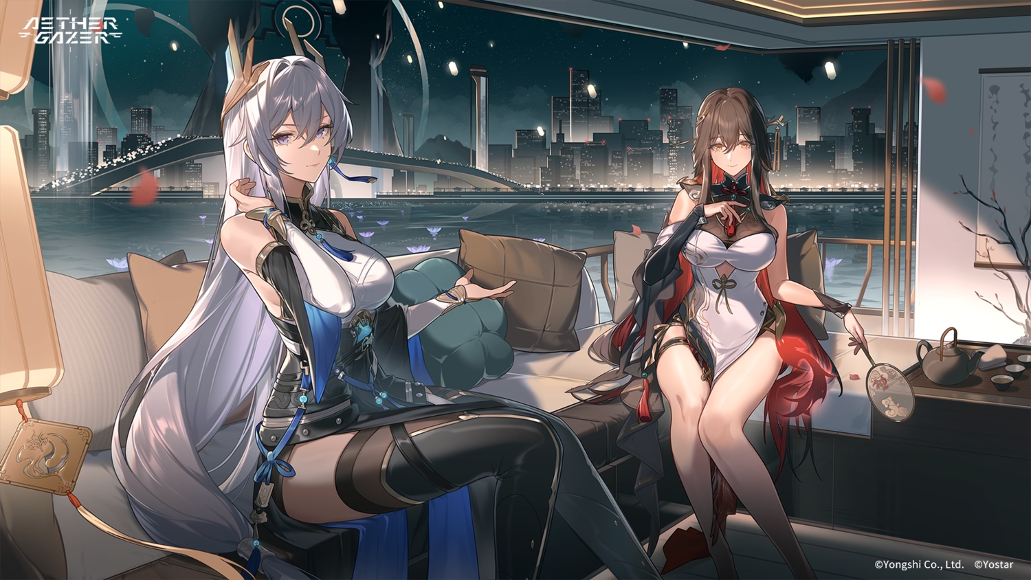 2girls, aether_gazer, blue_eyes, brown_hair, building, chinese_clothes, chinese_dress, city