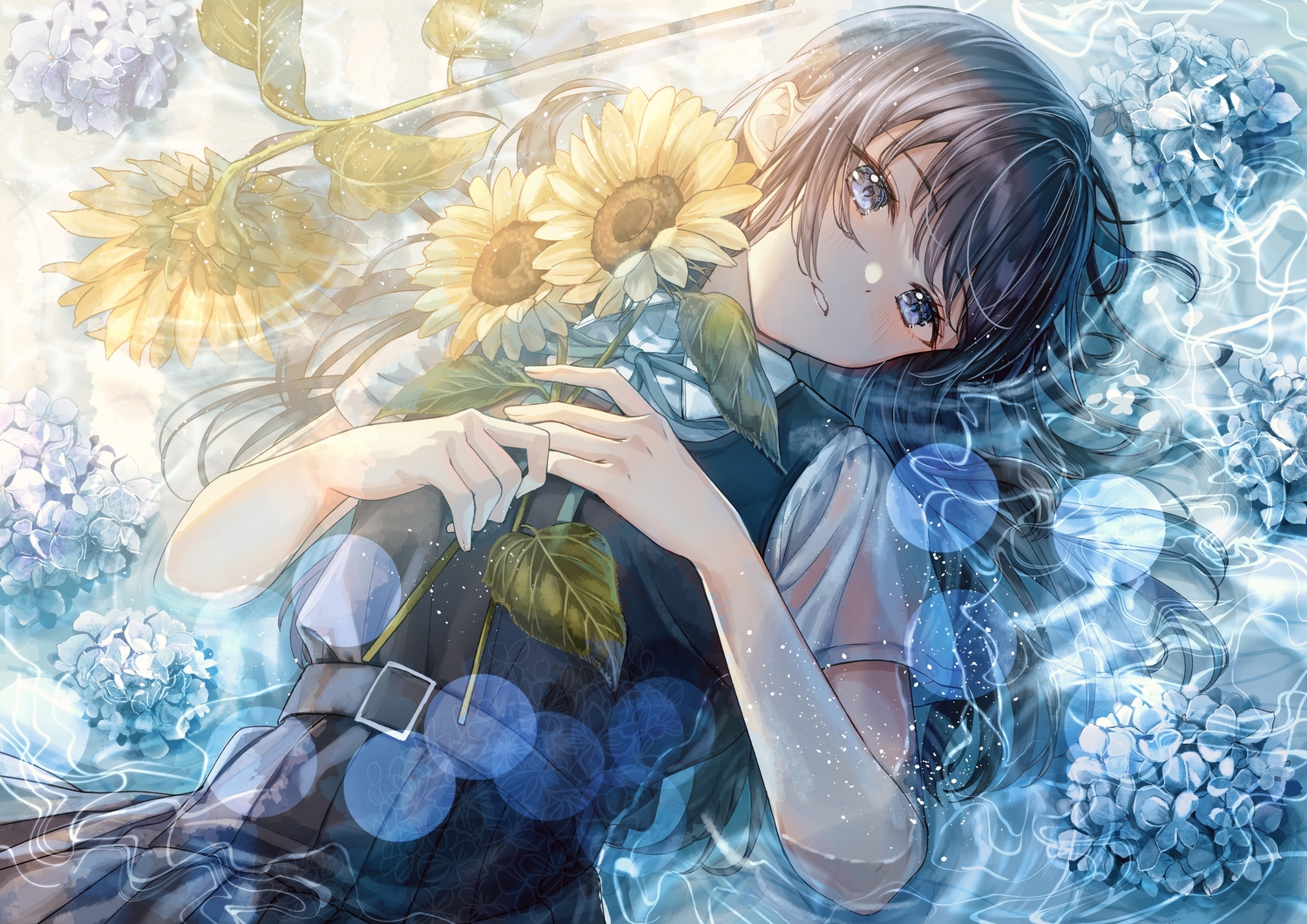 black_hair, blue_eyes, blush, bow, dress, flowers, jpeg_artifacts, leaves, long_hair, original, sakura_(39ra), school_uniform, see_through, shirt, sunflower, water, wet