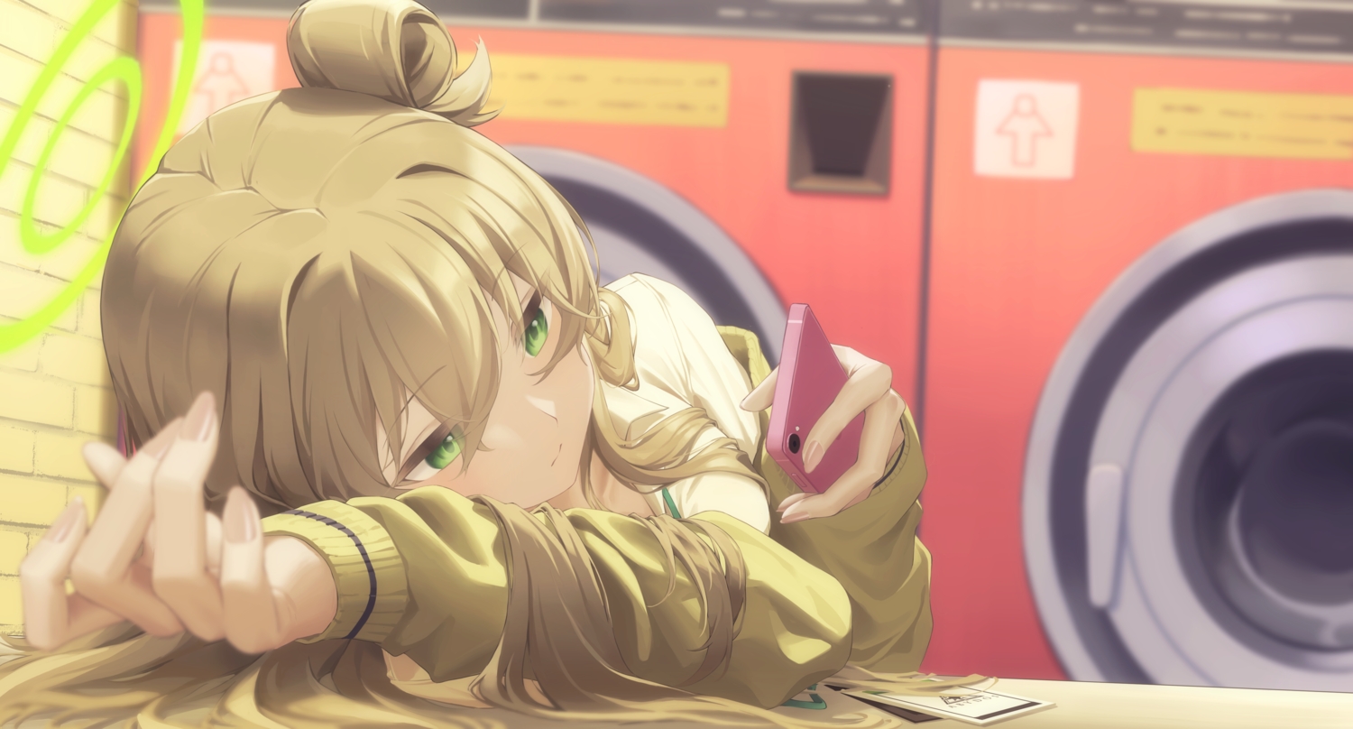 blue_archive, brown_hair, close, gaoqiaoyuyin_takahashi, green_eyes, halo, izayoi_nonomi, long_hair, phone, school_uniform, shirt