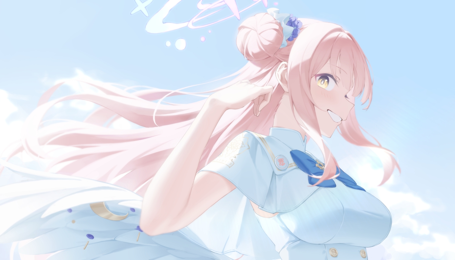 blue_archive, blush, bow, breasts, cape, close, clouds, gaoqiaoyuyin_takahashi