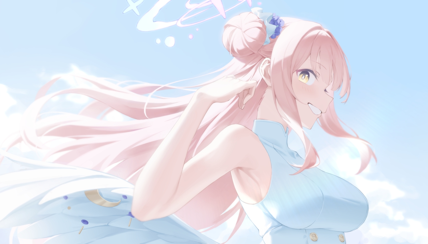 blue_archive, blush, breasts, close, clouds, gaoqiaoyuyin_takahashi, halo, long_hair