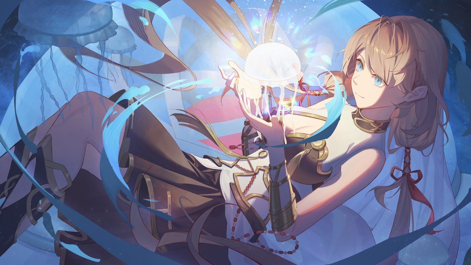 animal, armor, blue_eyes, bow, breasts, brown_hair, choker, cleavage
