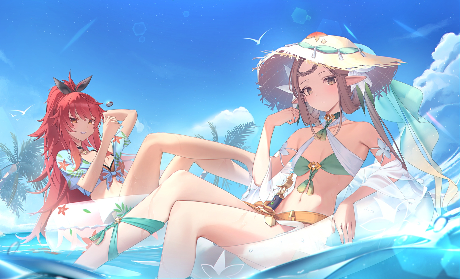 2girls, aekun_cben, aliasing, bikini, breasts, brown_eyes, brown_hair, cermia_ranka, choker, cleavage, clouds, epic7, hat, iseria_arisphodel, navel, open_shirt, orange_eyes, pointed_ears, ponytail, red_hair, shirt, sky, swim_ring, swimsuit, sword, tree, twintails, water, weapon