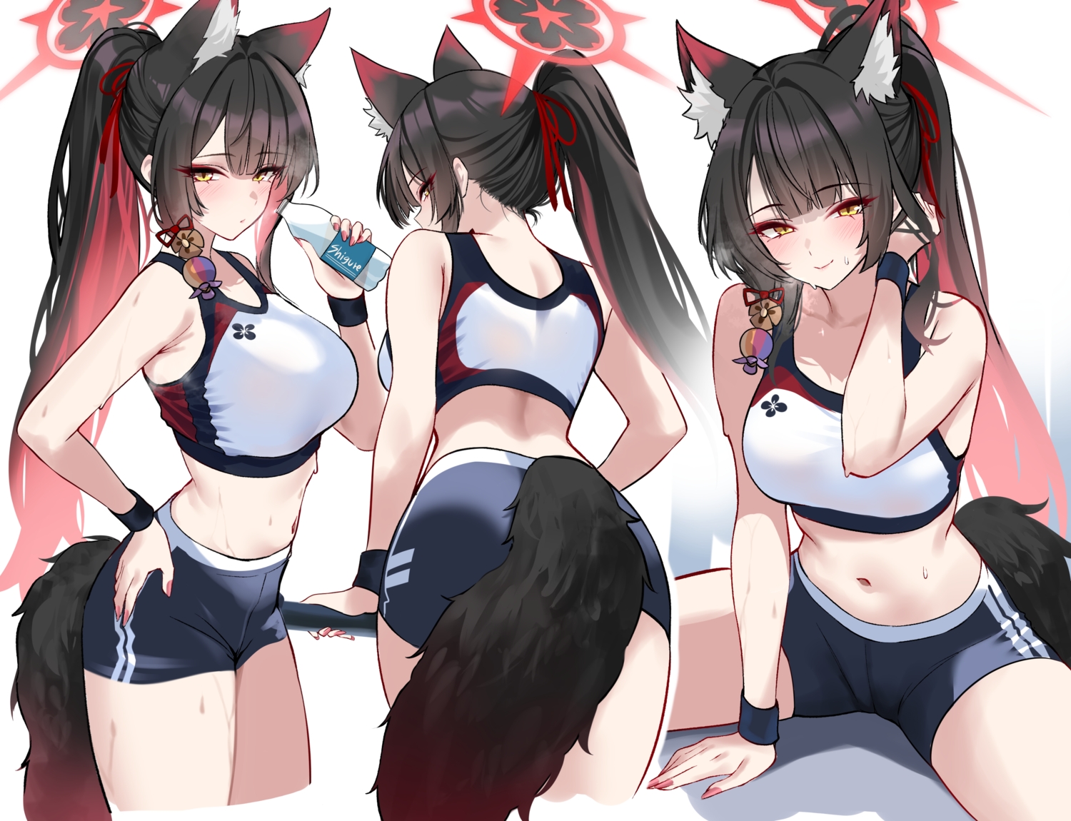 animal_ears, bike_shorts, black_hair, blue_archive, blush, cameltoe, drink, foxgirl, halo, kosaka_wakamo, long_hair, navel, ponytail, shigure_s, shorts, sports_bra, spread_legs, tail, wet, white, wristwear, yellow_eyes