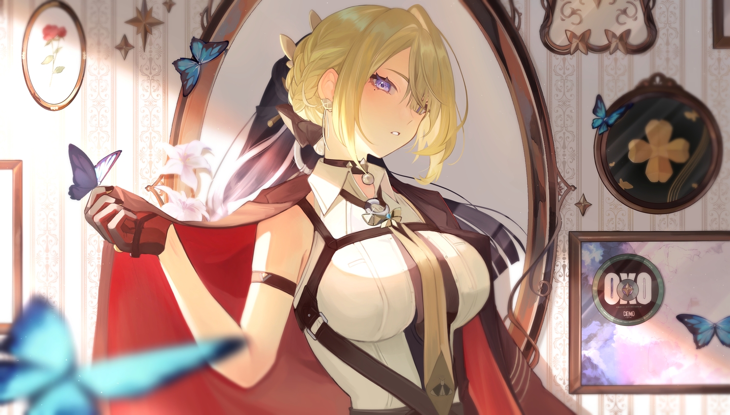 blonde_hair, braids, butterfly, cape, choker, close, evelyn_chevalier, gloves, mashiro_io, purple_eyes, shirt, short_hair, tie, zenless_zone_zero