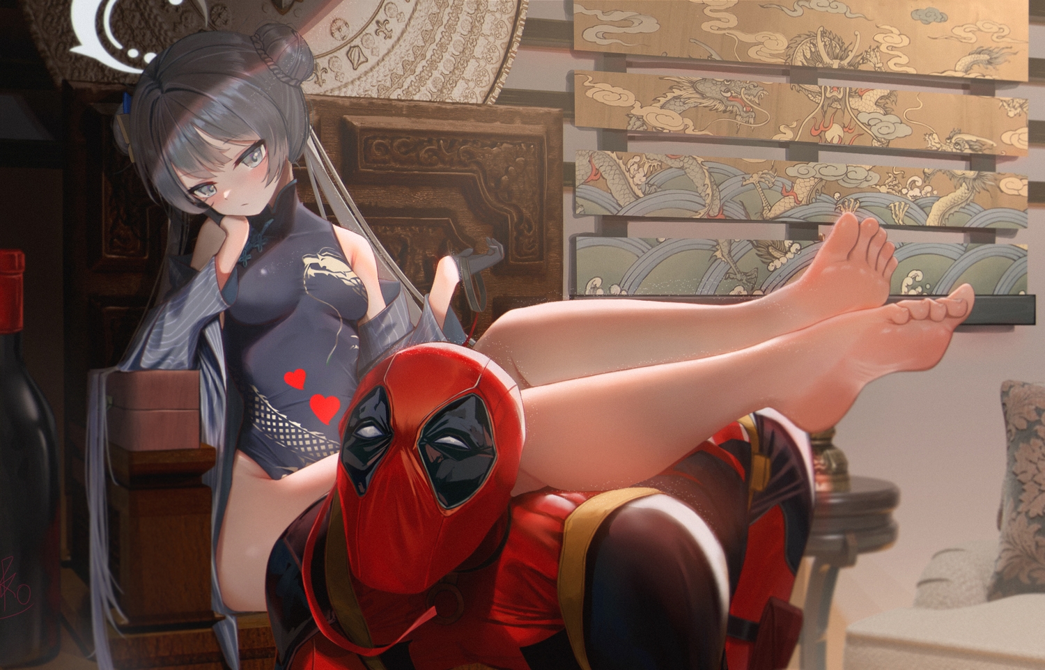 3d, bao_(pixiv_99415611), barefoot, black_eyes, black_hair, blue_archive, blush, bodysuit, bondage, breasts, chinese_clothes, chinese_dress, collar, crossover, deadpool, deadpool_(series), dress, gloves, halo, heart, long_hair, male, marvel_comics, mask, ryuuge_kisaki, skintight, twintails